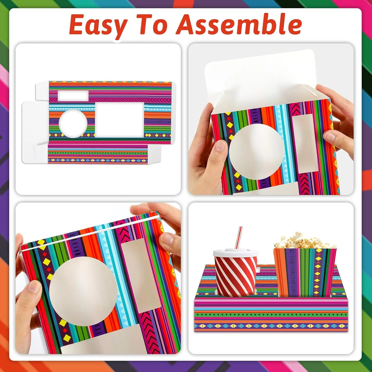 48Pcs Movie Night Supplies 24 Cinema Snack Trays with 24 Popcorn Bags Movie Theater Snack Boxes Mexican Party Paper Food Trays Stripes Mexico Food Boats for Family Birthday Fiesta De Mayo Party
