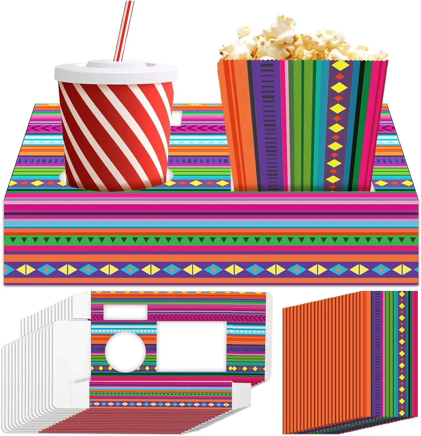 48Pcs Movie Night Supplies 24 Cinema Snack Trays with 24 Popcorn Bags Movie Theater Snack Boxes Mexican Party Paper Food Trays Stripes Mexico Food Boats for Family Birthday Fiesta De Mayo Party