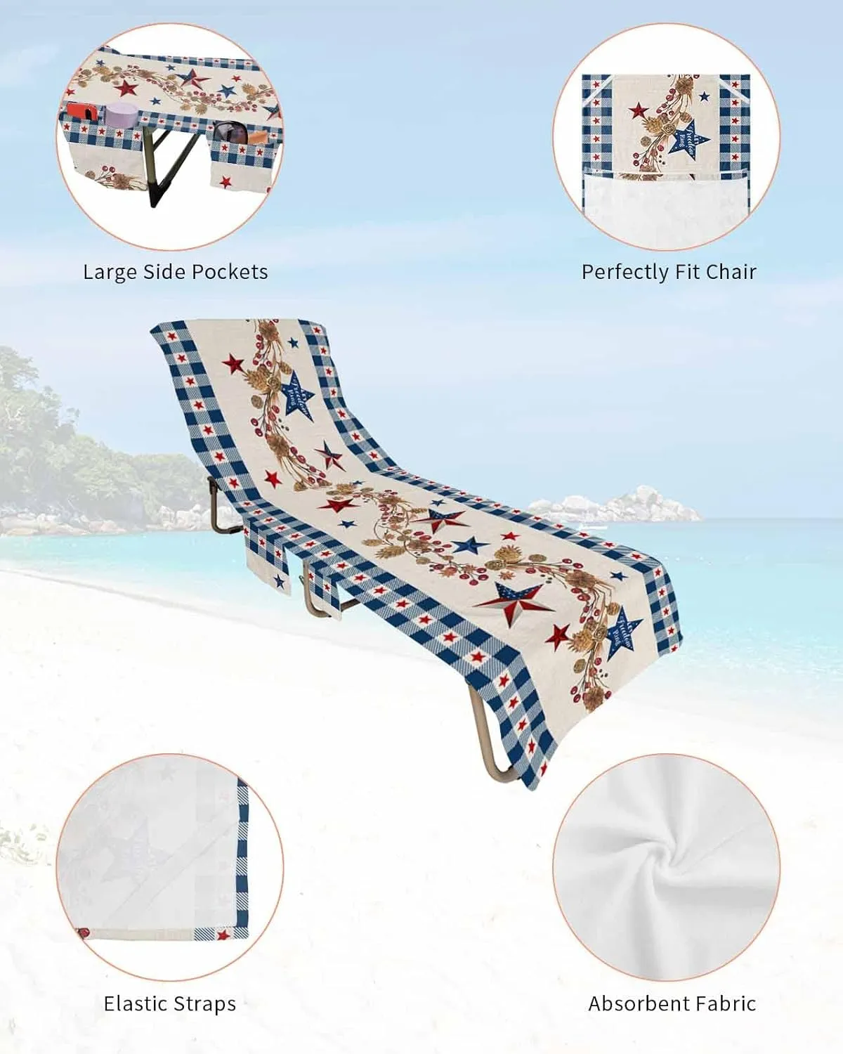4th of July Chaise Lounger Cover with Pockets, Pool Lounge Chair Covers 85"x29", Country American Star Blue Microfiber Beach Chair Cover for Outdoor Patio Sunbathing