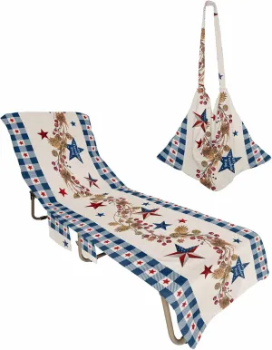 4th of July Chaise Lounger Cover with Pockets, Pool Lounge Chair Covers 85"x29", Country American Star Blue Microfiber Beach Chair Cover for Outdoor Patio Sunbathing