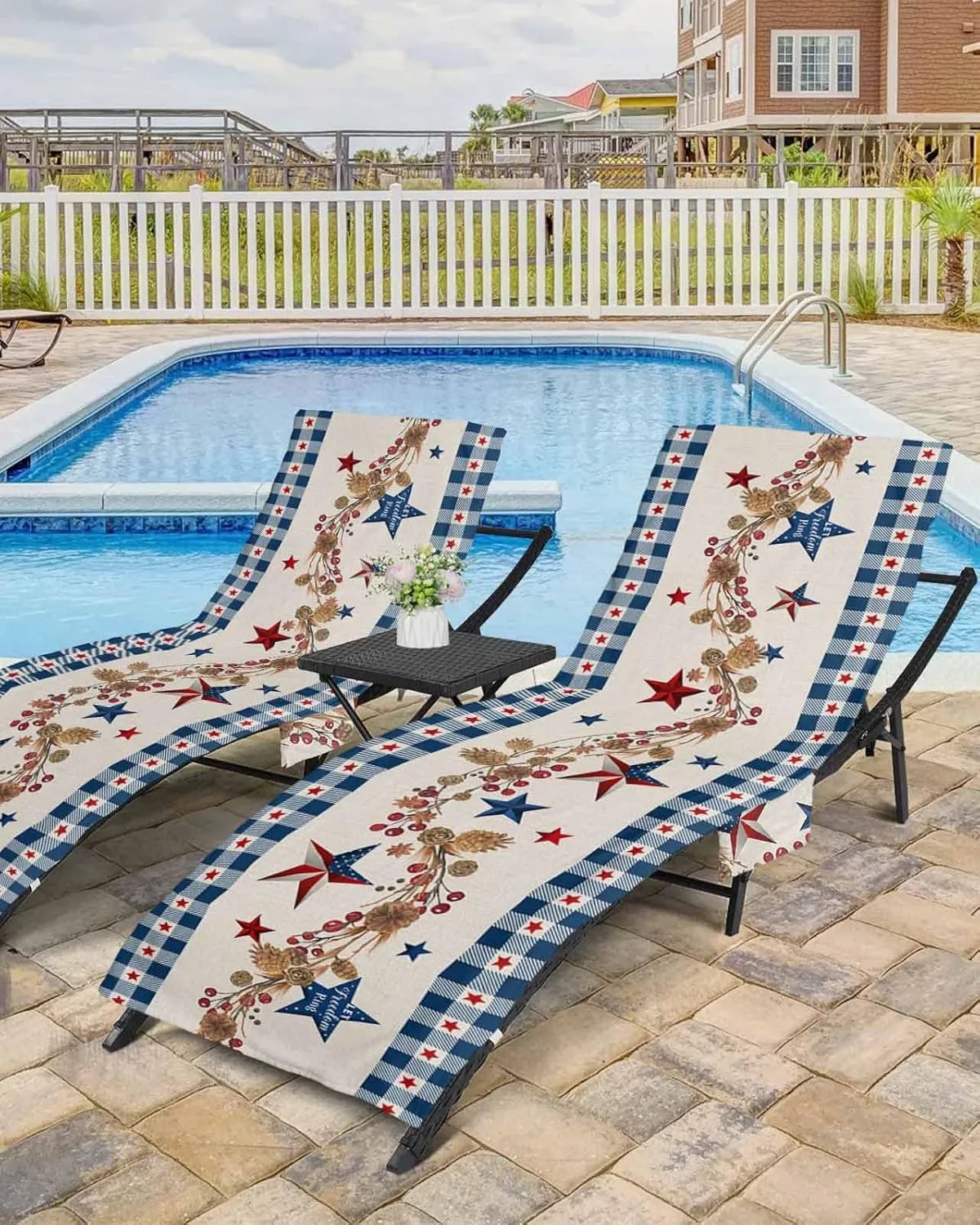 4th of July Chaise Lounger Cover with Pockets, Pool Lounge Chair Covers 85"x29", Country American Star Blue Microfiber Beach Chair Cover for Outdoor Patio Sunbathing