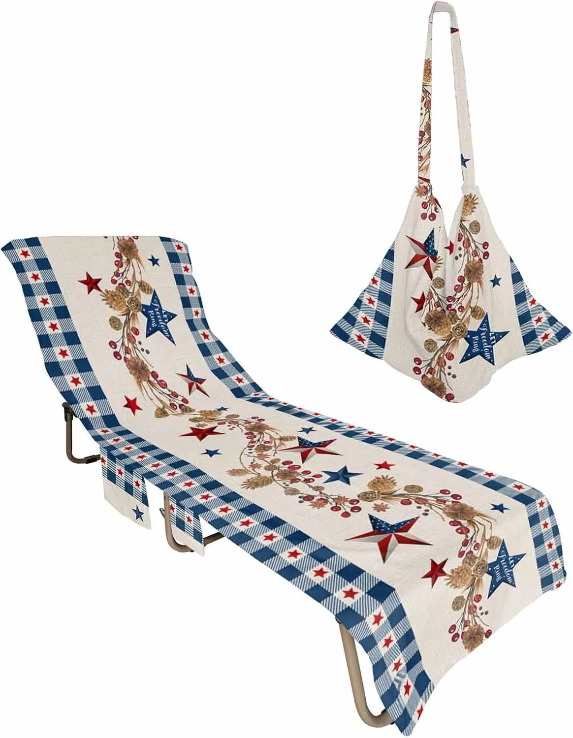 4th of July Chaise Lounger Cover with Pockets, Pool Lounge Chair Covers 85"x29", Country American Star Blue Microfiber Beach Chair Cover for Outdoor Patio Sunbathing