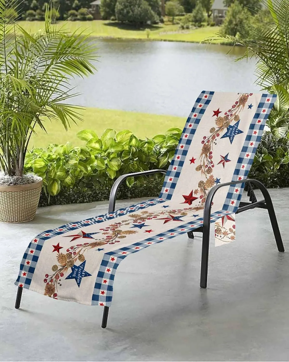 4th of July Chaise Lounger Cover with Pockets, Pool Lounge Chair Covers 85"x29", Country American Star Blue Microfiber Beach Chair Cover for Outdoor Patio Sunbathing