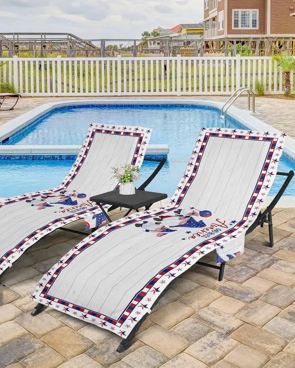 4th of July Chaise Lounger Cover with Pockets, Pool Lounge Chair Covers 85"x29", Patriotic Gnomes on Wood American Star Lace Microfiber Beach Chair Cover for Outdoor Patio Sunbathing