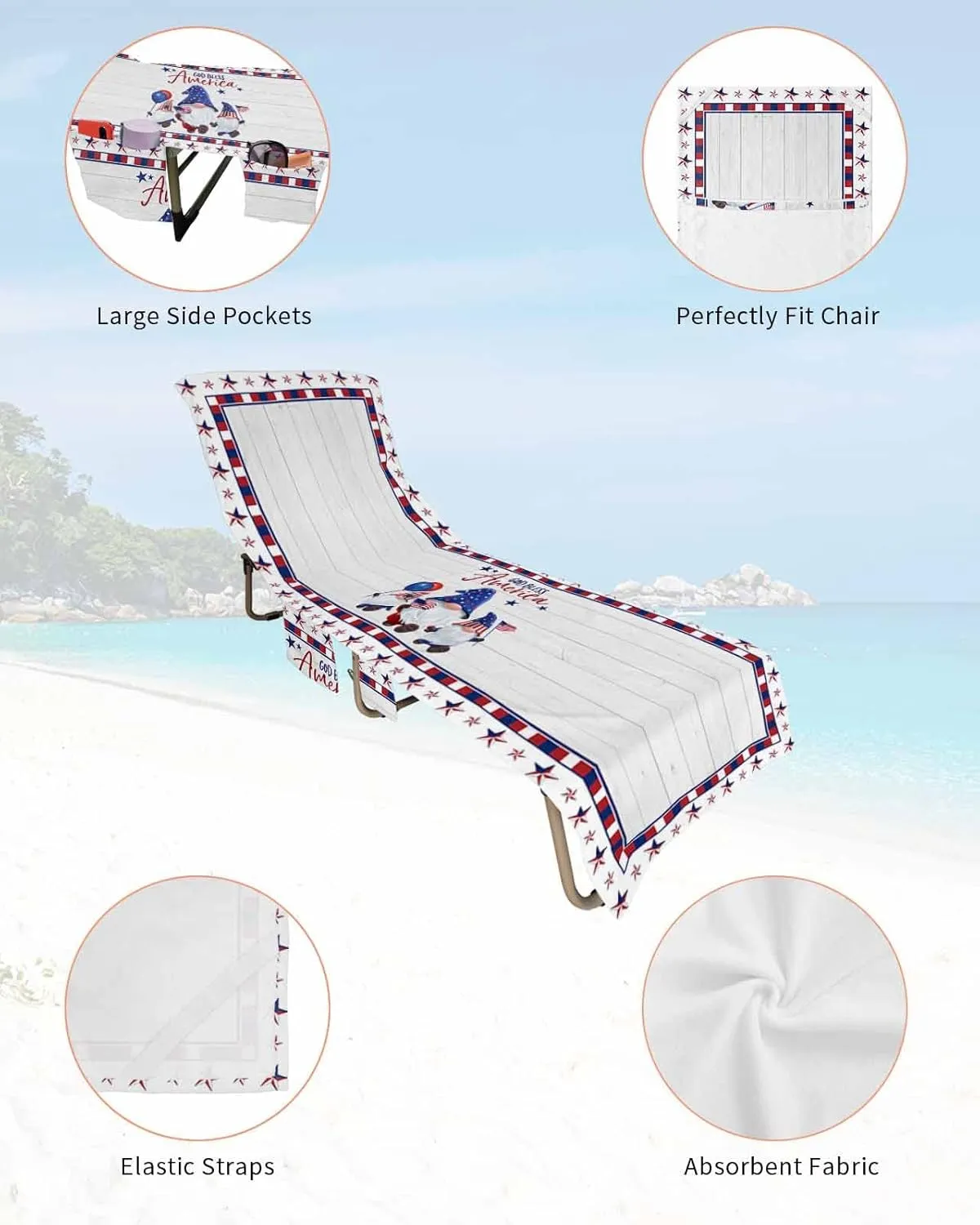 4th of July Chaise Lounger Cover with Pockets, Pool Lounge Chair Covers 85"x29", Patriotic Gnomes on Wood American Star Lace Microfiber Beach Chair Cover for Outdoor Patio Sunbathing
