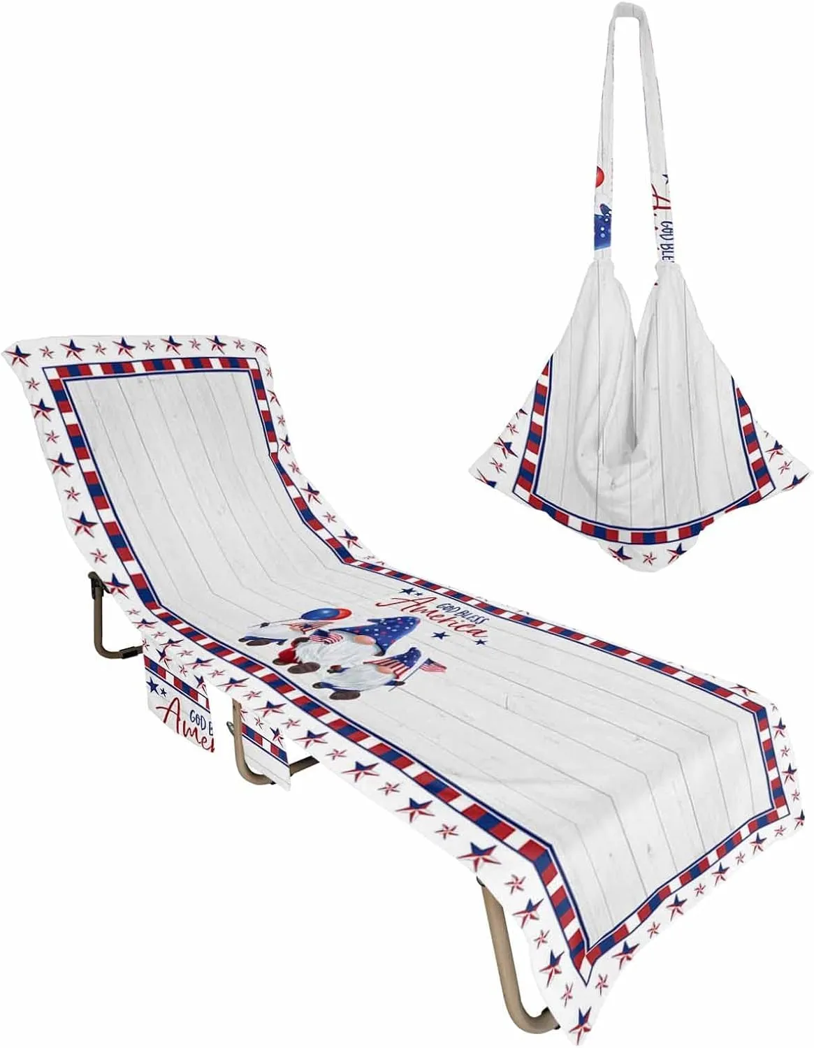 4th of July Chaise Lounger Cover with Pockets, Pool Lounge Chair Covers 85"x29", Patriotic Gnomes on Wood American Star Lace Microfiber Beach Chair Cover for Outdoor Patio Sunbathing