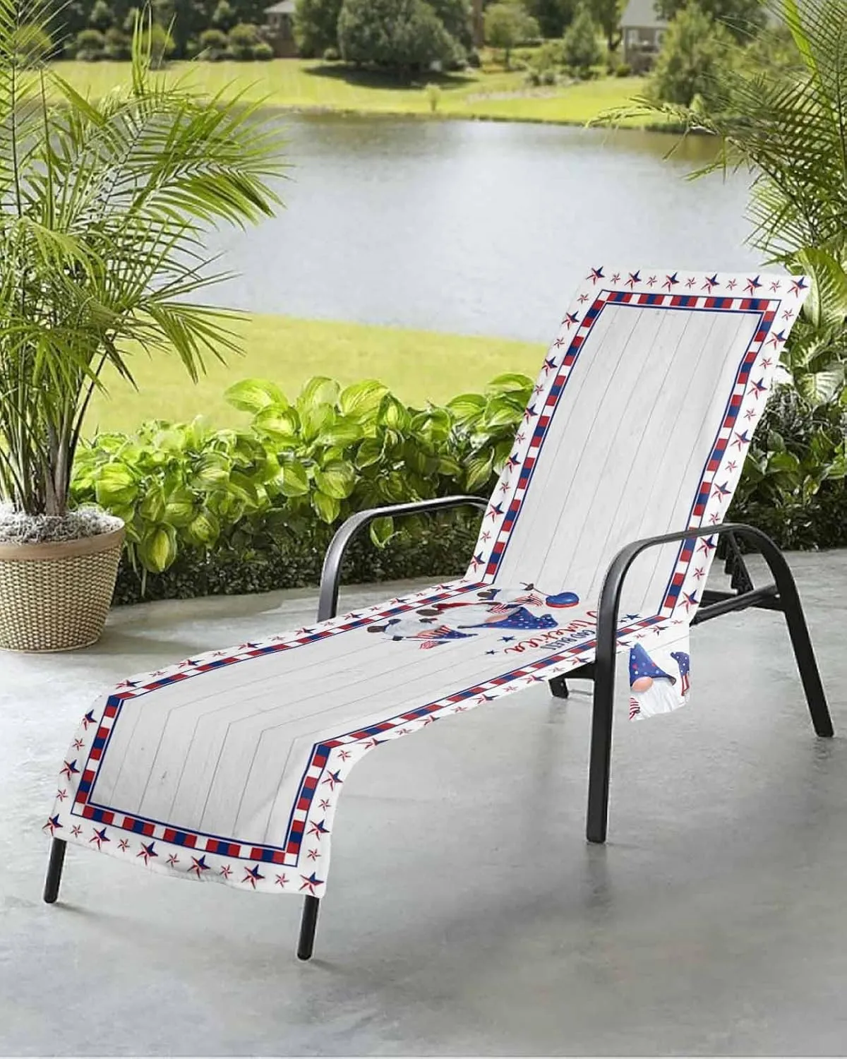 4th of July Chaise Lounger Cover with Pockets, Pool Lounge Chair Covers 85"x29", Patriotic Gnomes on Wood American Star Lace Microfiber Beach Chair Cover for Outdoor Patio Sunbathing