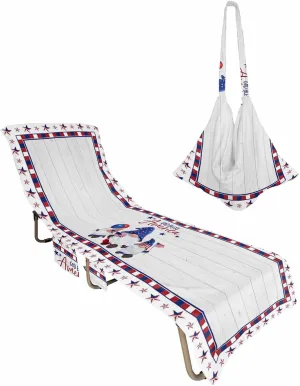 4th of July Chaise Lounger Cover with Pockets, Pool Lounge Chair Covers 85"x29", Patriotic Gnomes on Wood American Star Lace Microfiber Beach Chair Cover for Outdoor Patio Sunbathing