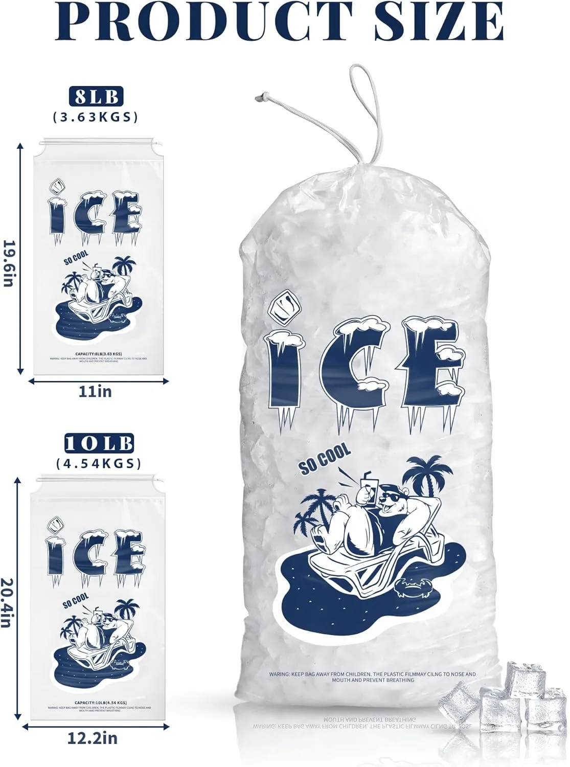 50 Pack Ice Bags 8 lb, Heavy-Duty Ice Bags with Drawstring(2 Mils Thickness)