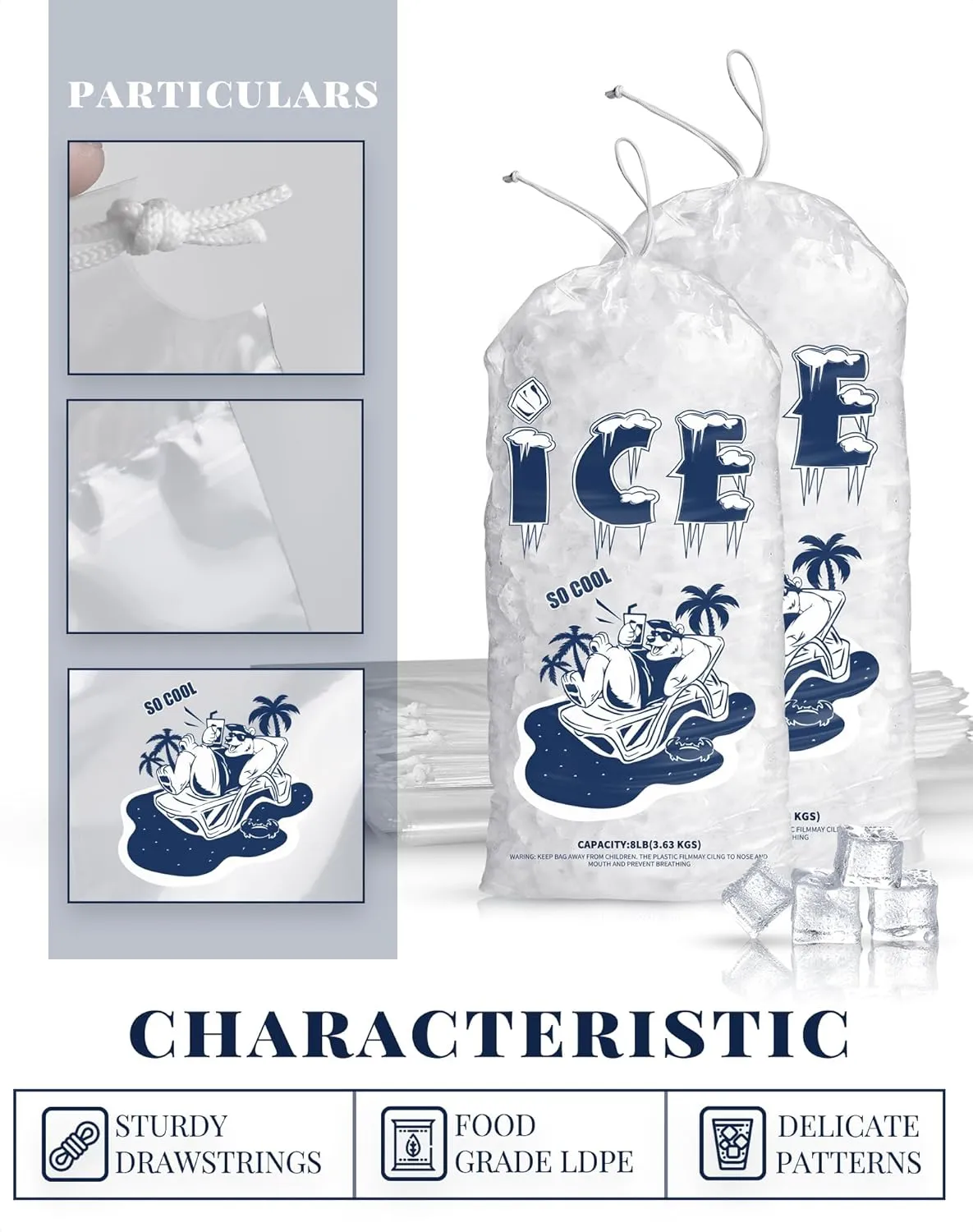 50 Pack Ice Bags 8 lb, Heavy-Duty Ice Bags with Drawstring(2 Mils Thickness)