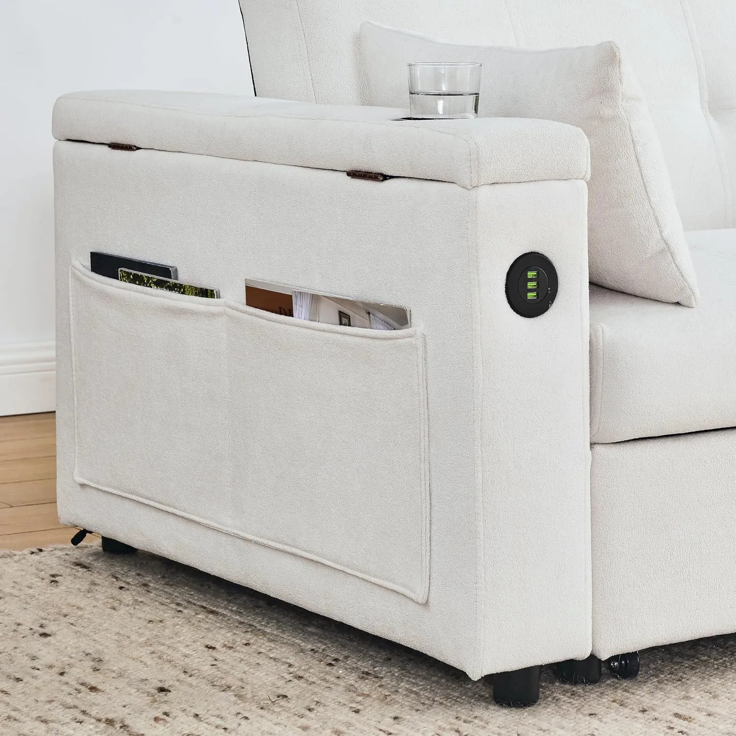 59inch 3 in 1 Oversized Tufted Loveseat Convertible Sofabed Modern Living Room Multifunctional Sleeper Sofa Convertible Sofa Bed W/Pull Out Sleeper Couch Bed, Armrests Storage,Cupholders & USB Ports