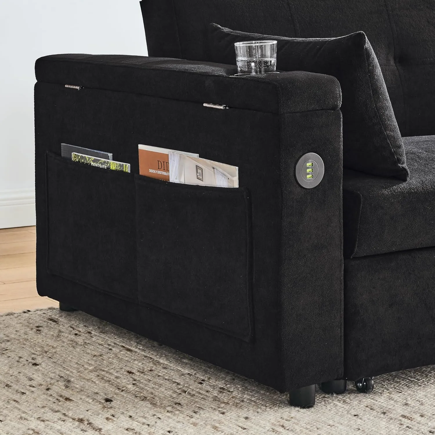 59inch 3 in 1 Oversized Tufted Loveseat Convertible Sofabed Modern Living Room Multifunctional Sleeper Sofa Convertible Sofa Bed W/Pull Out Sleeper Couch Bed, Armrests Storage,Cupholders & USB Ports