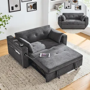 59inch 3 in 1 Oversized Tufted Loveseat Convertible Sofabed Modern Living Room Multifunctional Sleeper Sofa Convertible Sofa Bed W/Pull Out Sleeper Couch Bed, Armrests Storage,Cupholders & USB Ports