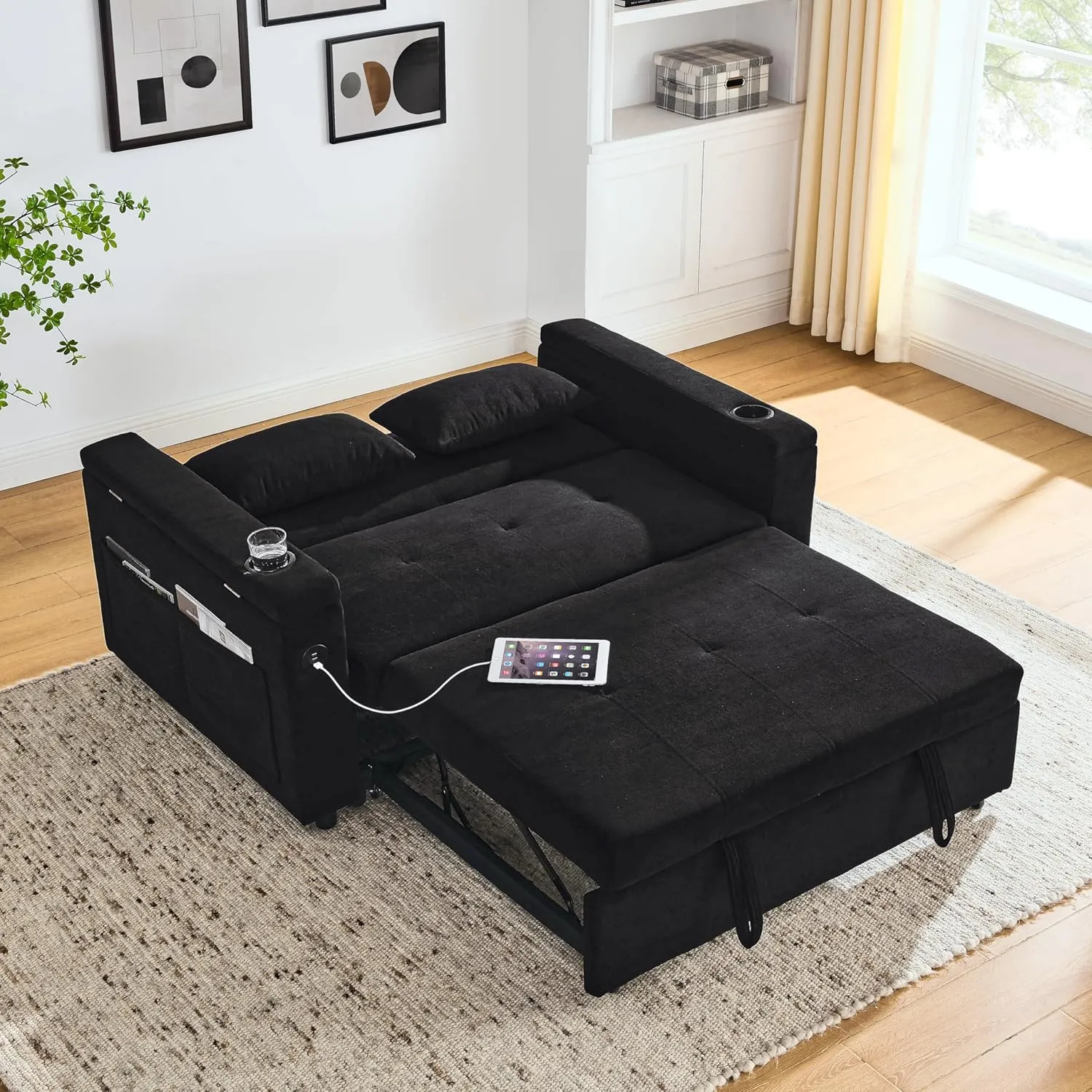 59inch 3 in 1 Oversized Tufted Loveseat Convertible Sofabed Modern Living Room Multifunctional Sleeper Sofa Convertible Sofa Bed W/Pull Out Sleeper Couch Bed, Armrests Storage,Cupholders & USB Ports