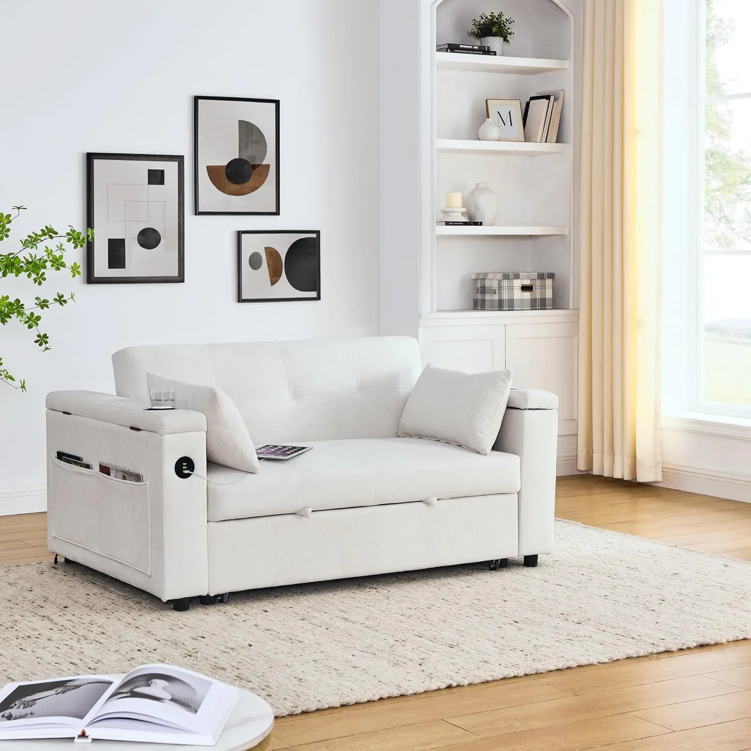 59inch 3 in 1 Oversized Tufted Loveseat Convertible Sofabed Modern Living Room Multifunctional Sleeper Sofa Convertible Sofa Bed W/Pull Out Sleeper Couch Bed, Armrests Storage,Cupholders & USB Ports
