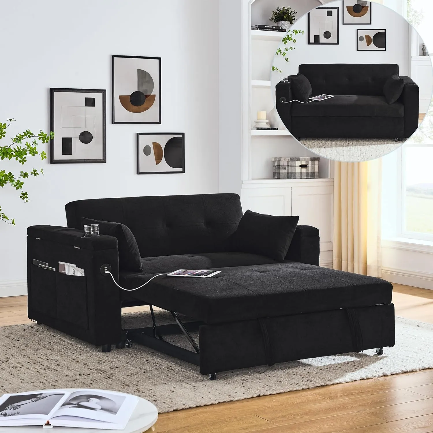 59inch 3 in 1 Oversized Tufted Loveseat Convertible Sofabed Modern Living Room Multifunctional Sleeper Sofa Convertible Sofa Bed W/Pull Out Sleeper Couch Bed, Armrests Storage,Cupholders & USB Ports