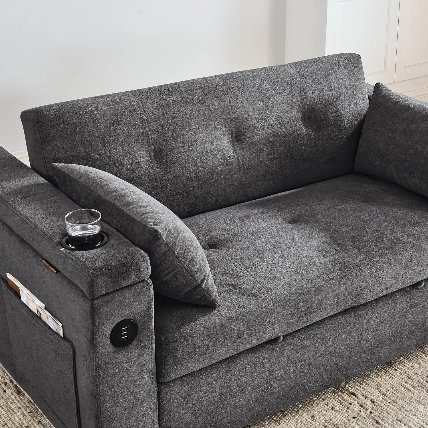 59inch 3 in 1 Oversized Tufted Loveseat Convertible Sofabed Modern Living Room Multifunctional Sleeper Sofa Convertible Sofa Bed W/Pull Out Sleeper Couch Bed, Armrests Storage,Cupholders & USB Ports