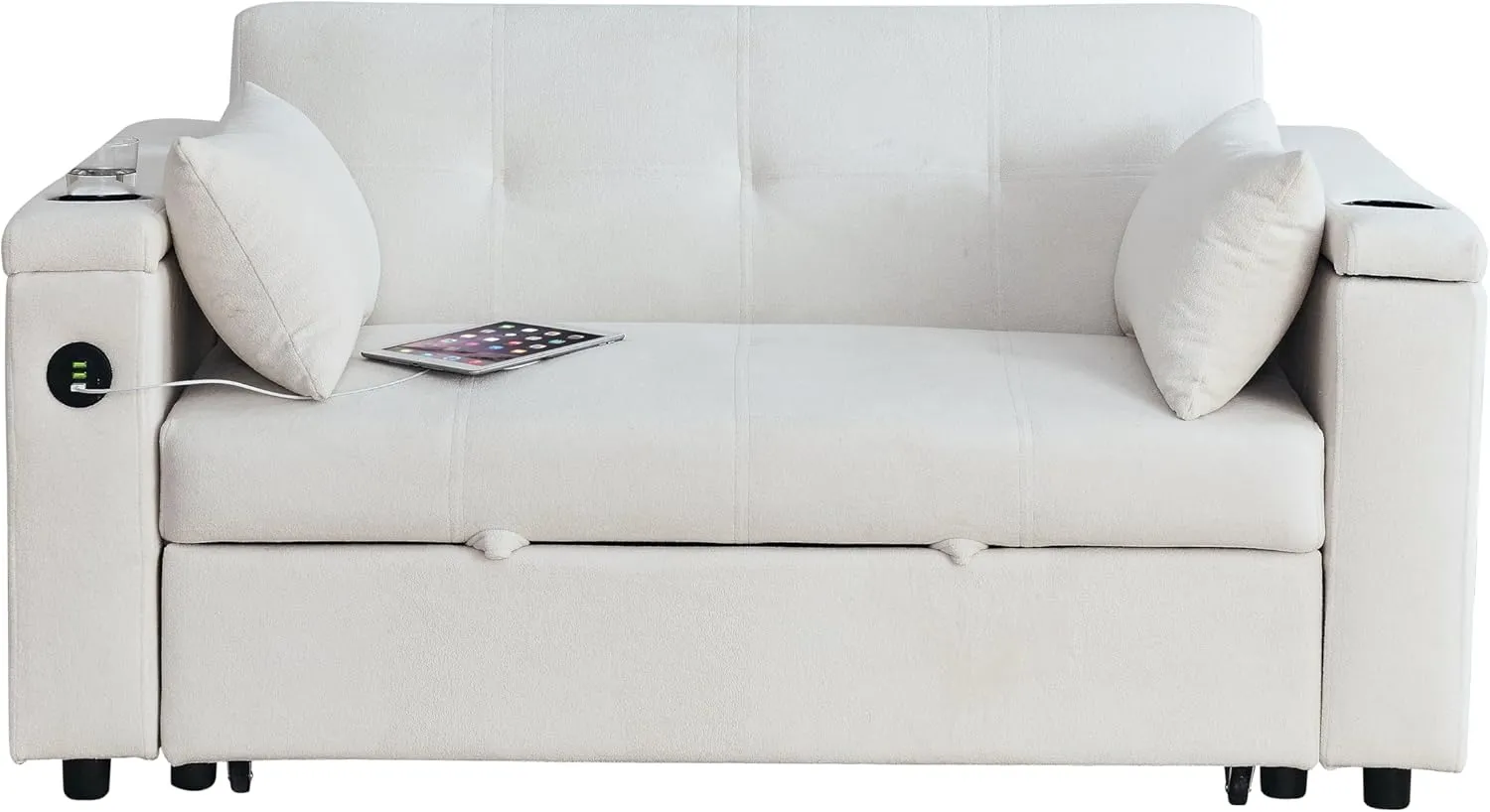 59inch 3 in 1 Oversized Tufted Loveseat Convertible Sofabed Modern Living Room Multifunctional Sleeper Sofa Convertible Sofa Bed W/Pull Out Sleeper Couch Bed, Armrests Storage,Cupholders & USB Ports