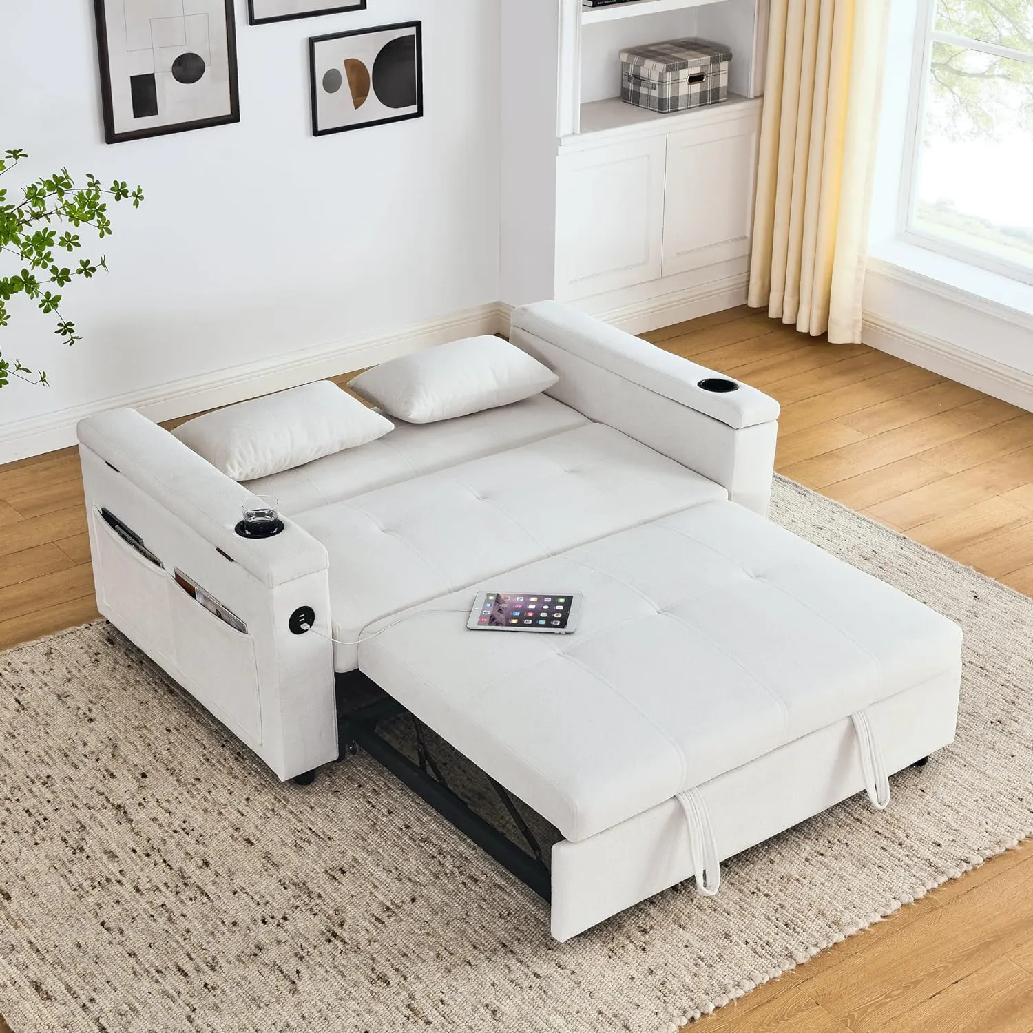 59inch 3 in 1 Oversized Tufted Loveseat Convertible Sofabed Modern Living Room Multifunctional Sleeper Sofa Convertible Sofa Bed W/Pull Out Sleeper Couch Bed, Armrests Storage,Cupholders & USB Ports