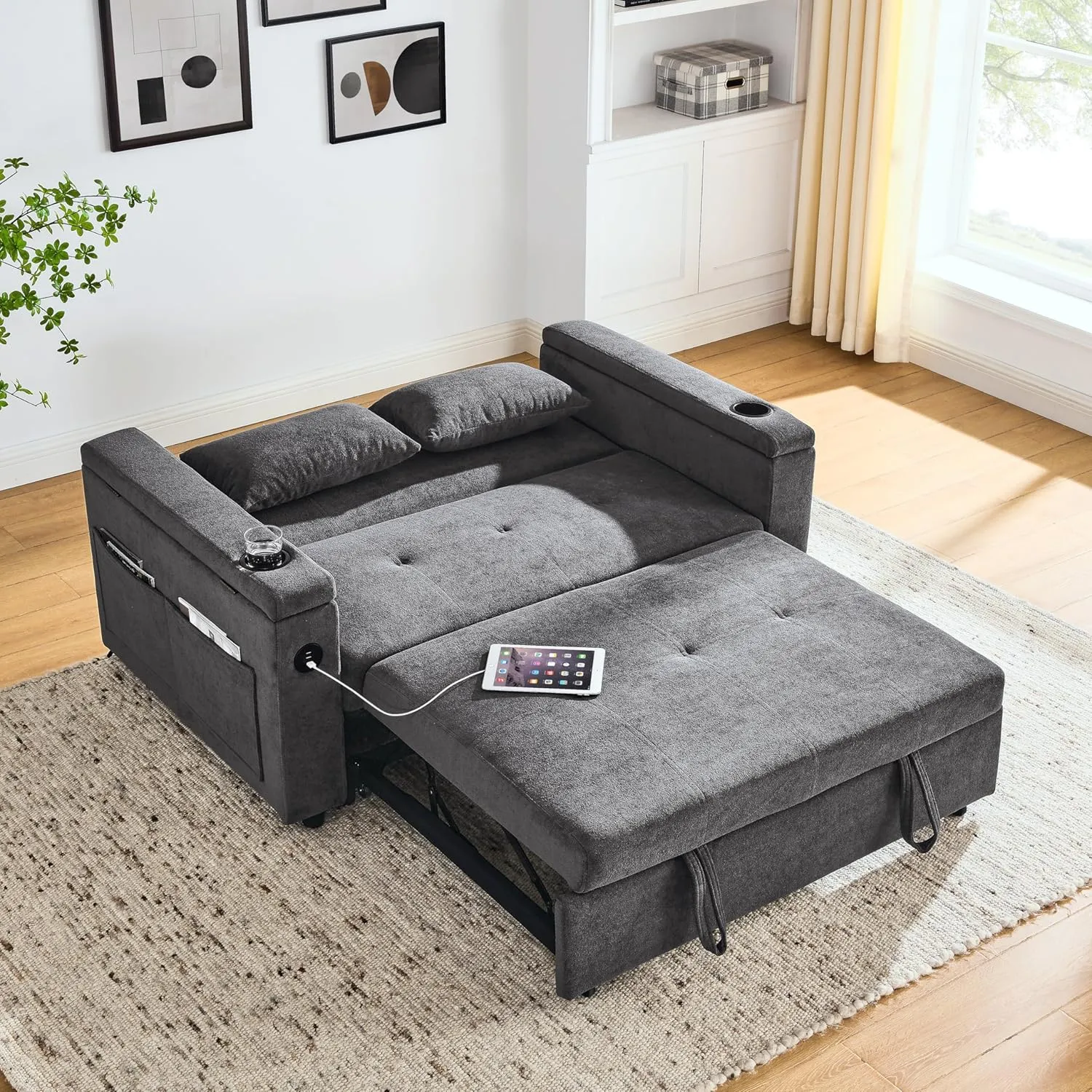59inch 3 in 1 Oversized Tufted Loveseat Convertible Sofabed Modern Living Room Multifunctional Sleeper Sofa Convertible Sofa Bed W/Pull Out Sleeper Couch Bed, Armrests Storage,Cupholders & USB Ports