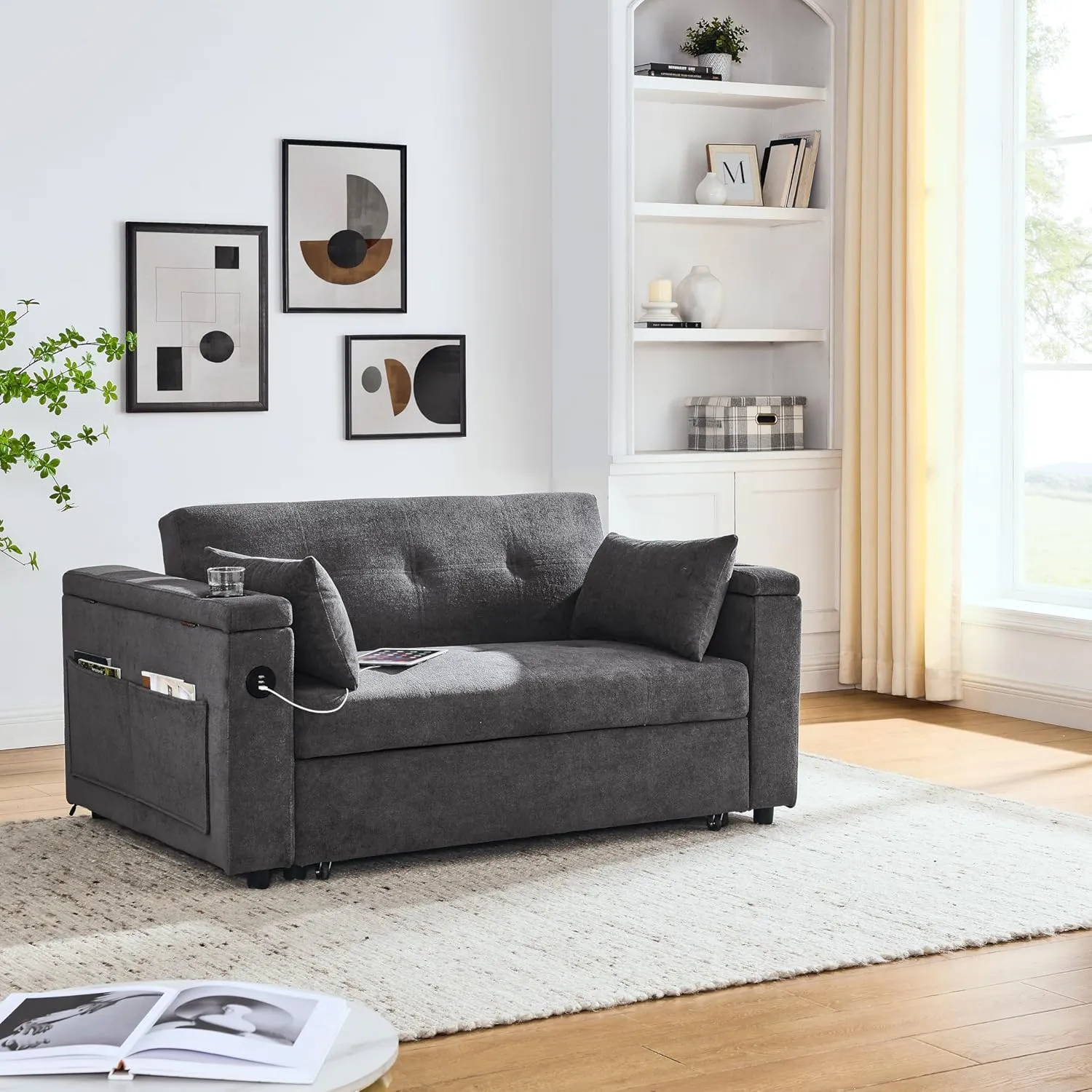 59inch 3 in 1 Oversized Tufted Loveseat Convertible Sofabed Modern Living Room Multifunctional Sleeper Sofa Convertible Sofa Bed W/Pull Out Sleeper Couch Bed, Armrests Storage,Cupholders & USB Ports