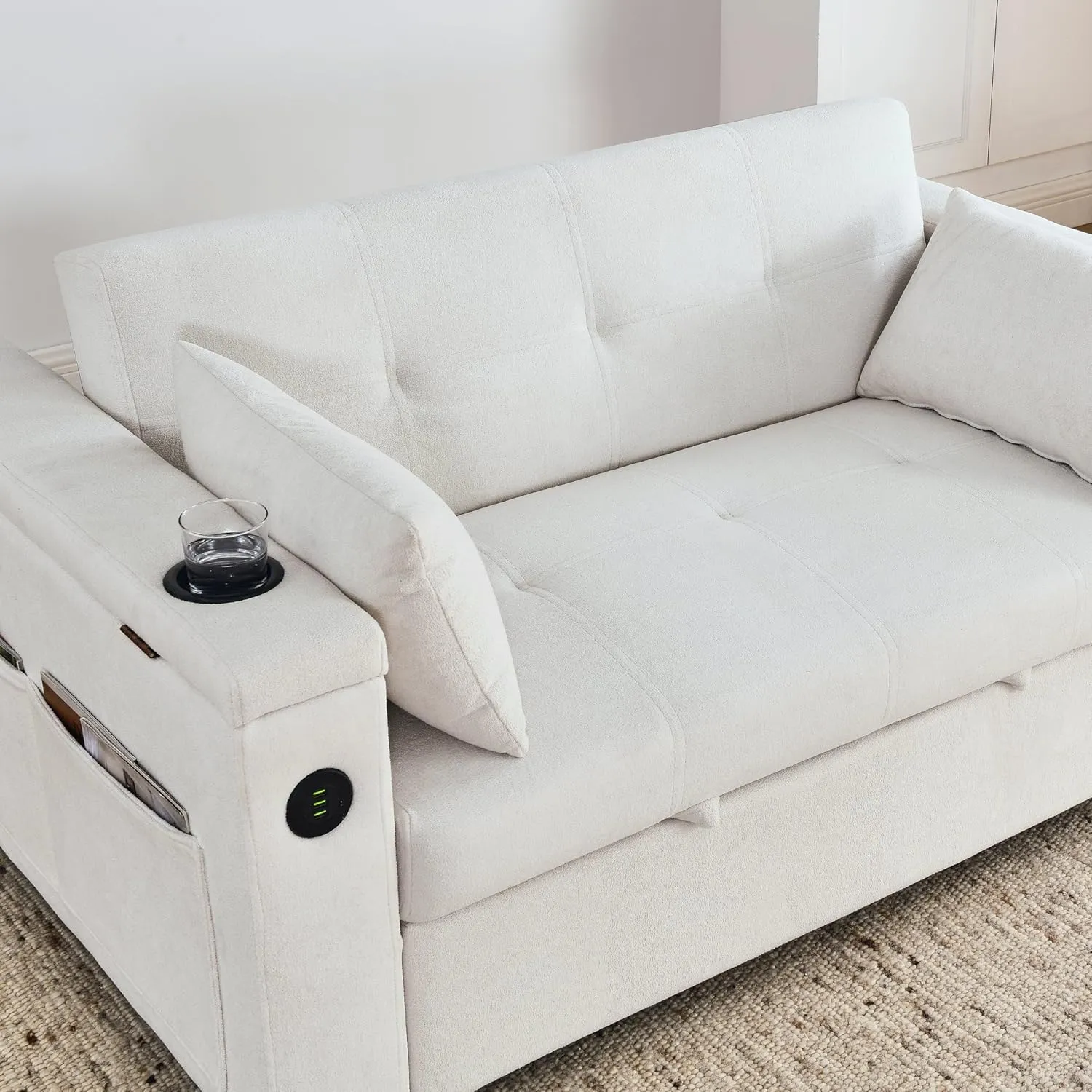 59inch 3 in 1 Oversized Tufted Loveseat Convertible Sofabed Modern Living Room Multifunctional Sleeper Sofa Convertible Sofa Bed W/Pull Out Sleeper Couch Bed, Armrests Storage,Cupholders & USB Ports