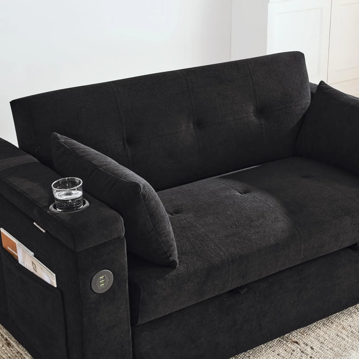 59inch 3 in 1 Oversized Tufted Loveseat Convertible Sofabed Modern Living Room Multifunctional Sleeper Sofa Convertible Sofa Bed W/Pull Out Sleeper Couch Bed, Armrests Storage,Cupholders & USB Ports