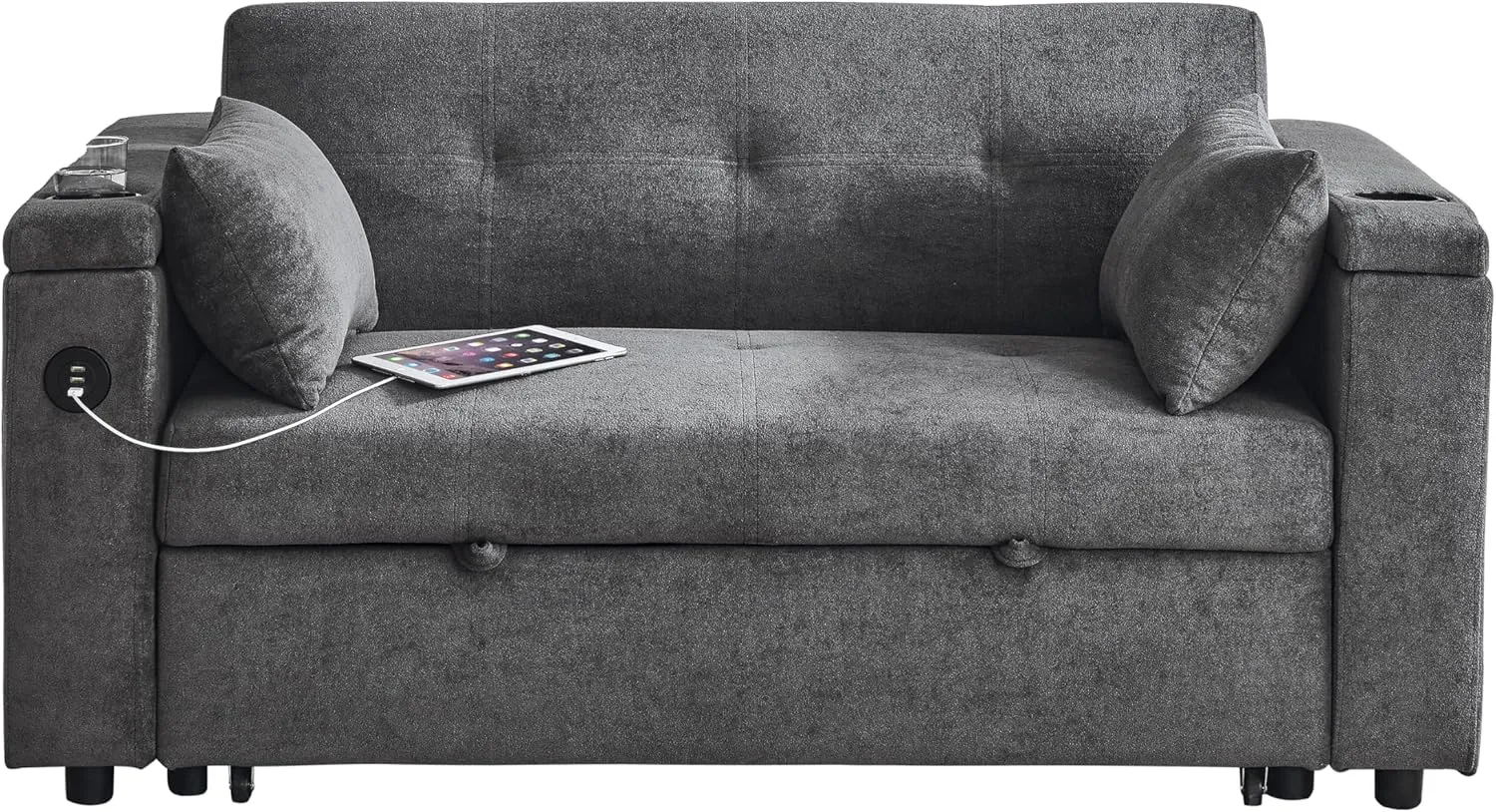 59inch 3 in 1 Oversized Tufted Loveseat Convertible Sofabed Modern Living Room Multifunctional Sleeper Sofa Convertible Sofa Bed W/Pull Out Sleeper Couch Bed, Armrests Storage,Cupholders & USB Ports