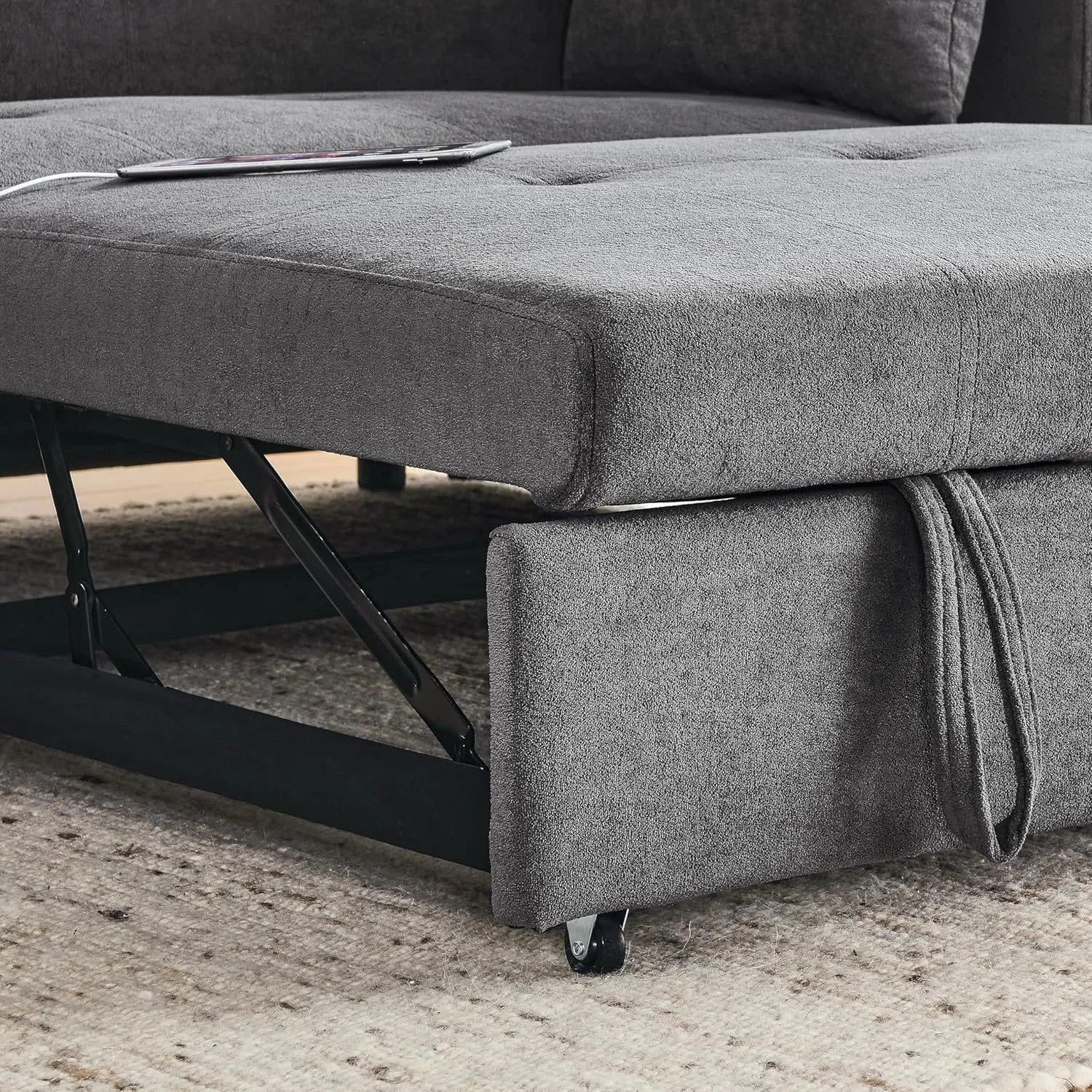 59inch 3 in 1 Oversized Tufted Loveseat Convertible Sofabed Modern Living Room Multifunctional Sleeper Sofa Convertible Sofa Bed W/Pull Out Sleeper Couch Bed, Armrests Storage,Cupholders & USB Ports