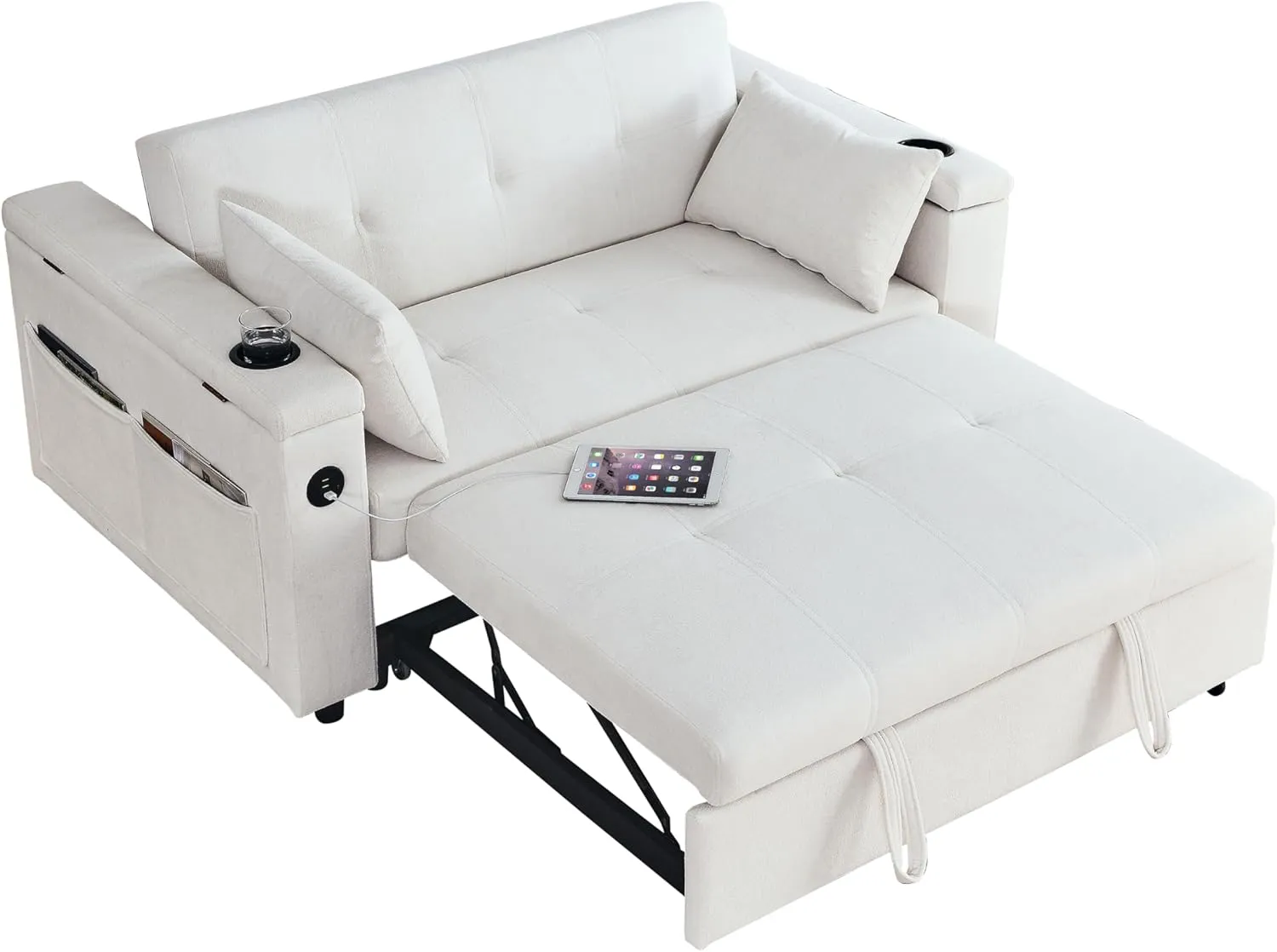 59inch 3 in 1 Oversized Tufted Loveseat Convertible Sofabed Modern Living Room Multifunctional Sleeper Sofa Convertible Sofa Bed W/Pull Out Sleeper Couch Bed, Armrests Storage,Cupholders & USB Ports
