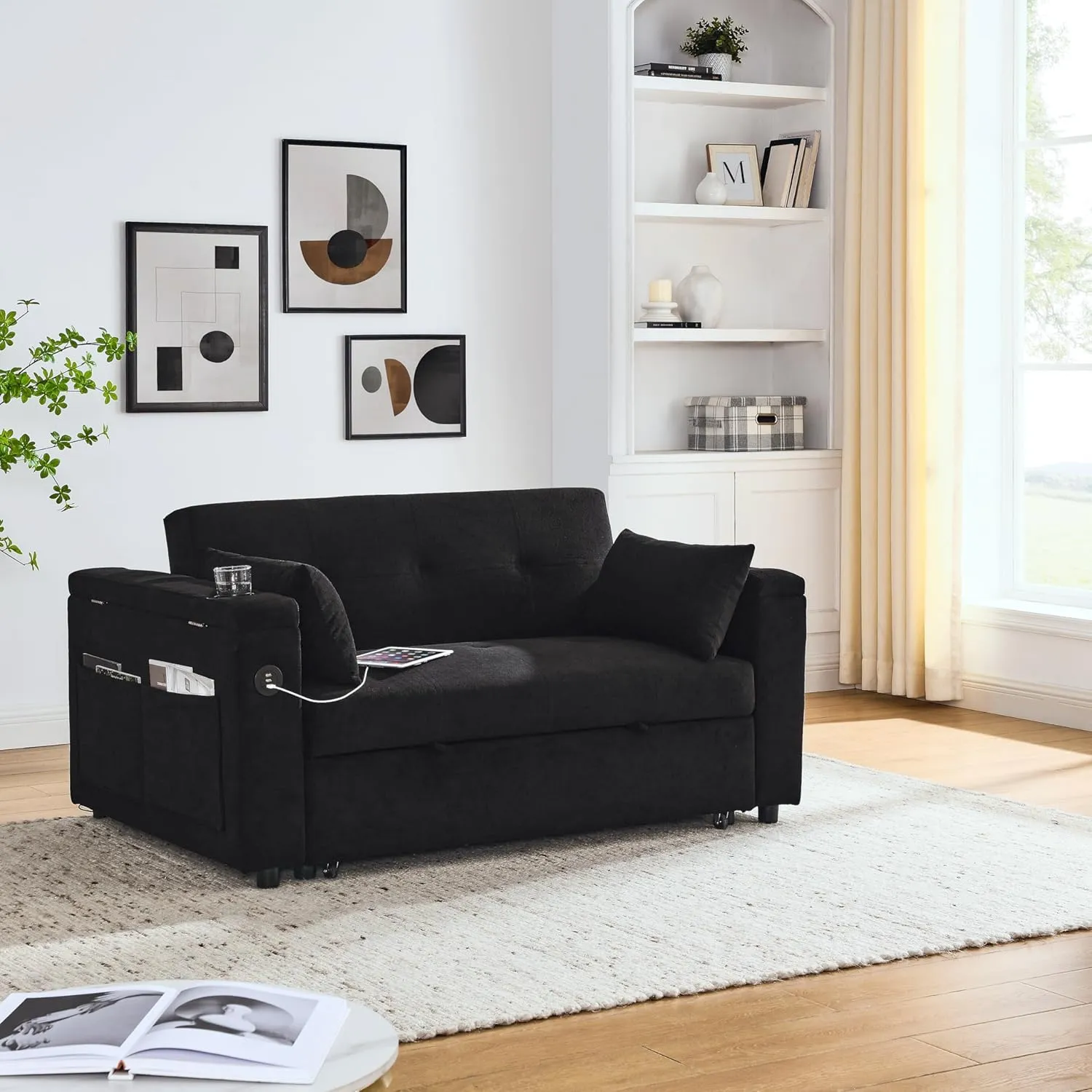 59inch 3 in 1 Oversized Tufted Loveseat Convertible Sofabed Modern Living Room Multifunctional Sleeper Sofa Convertible Sofa Bed W/Pull Out Sleeper Couch Bed, Armrests Storage,Cupholders & USB Ports