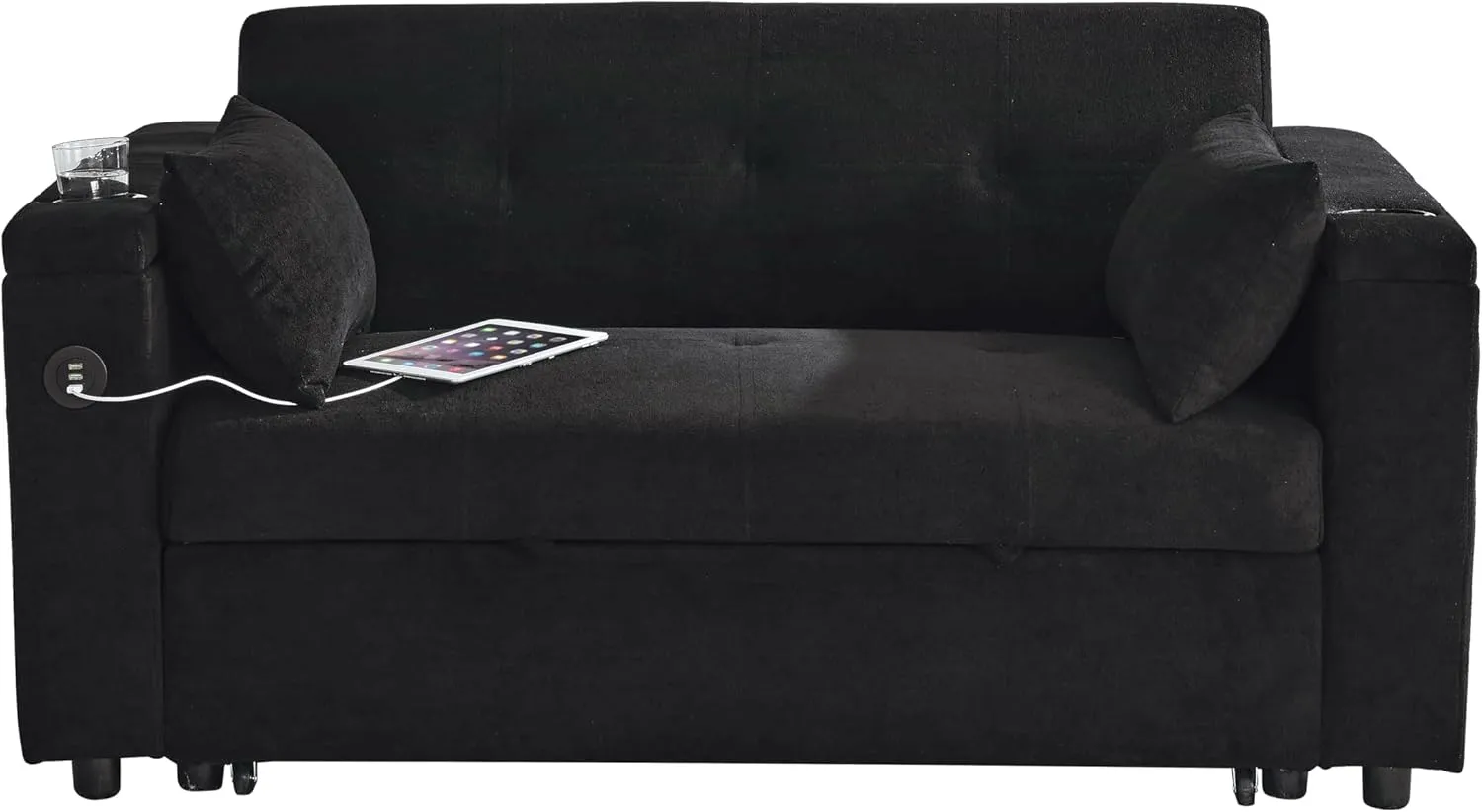 59inch 3 in 1 Oversized Tufted Loveseat Convertible Sofabed Modern Living Room Multifunctional Sleeper Sofa Convertible Sofa Bed W/Pull Out Sleeper Couch Bed, Armrests Storage,Cupholders & USB Ports