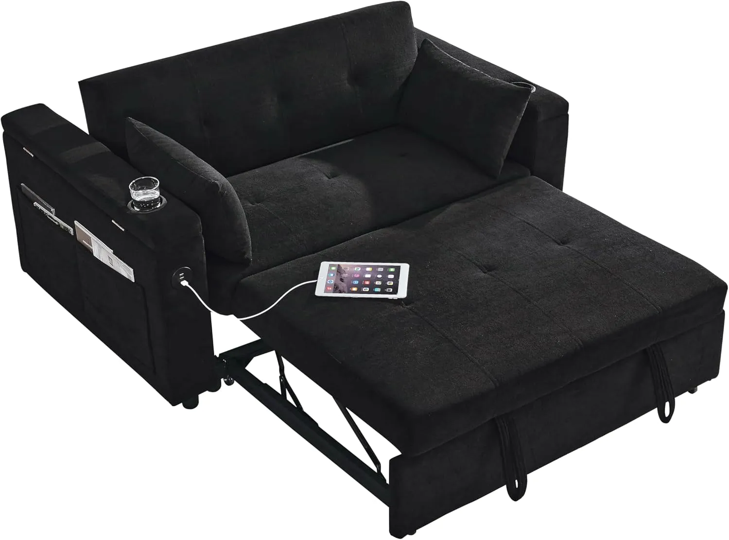 59inch 3 in 1 Oversized Tufted Loveseat Convertible Sofabed Modern Living Room Multifunctional Sleeper Sofa Convertible Sofa Bed W/Pull Out Sleeper Couch Bed, Armrests Storage,Cupholders & USB Ports