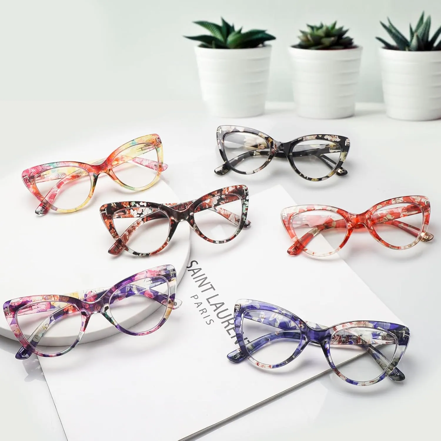 6 Pack Fashion Cat Eye Reading Glasses for Women Blue Light Blocking Oversized Spring Hinges Computer Readers (6 Mix Color, 2, Diopters)