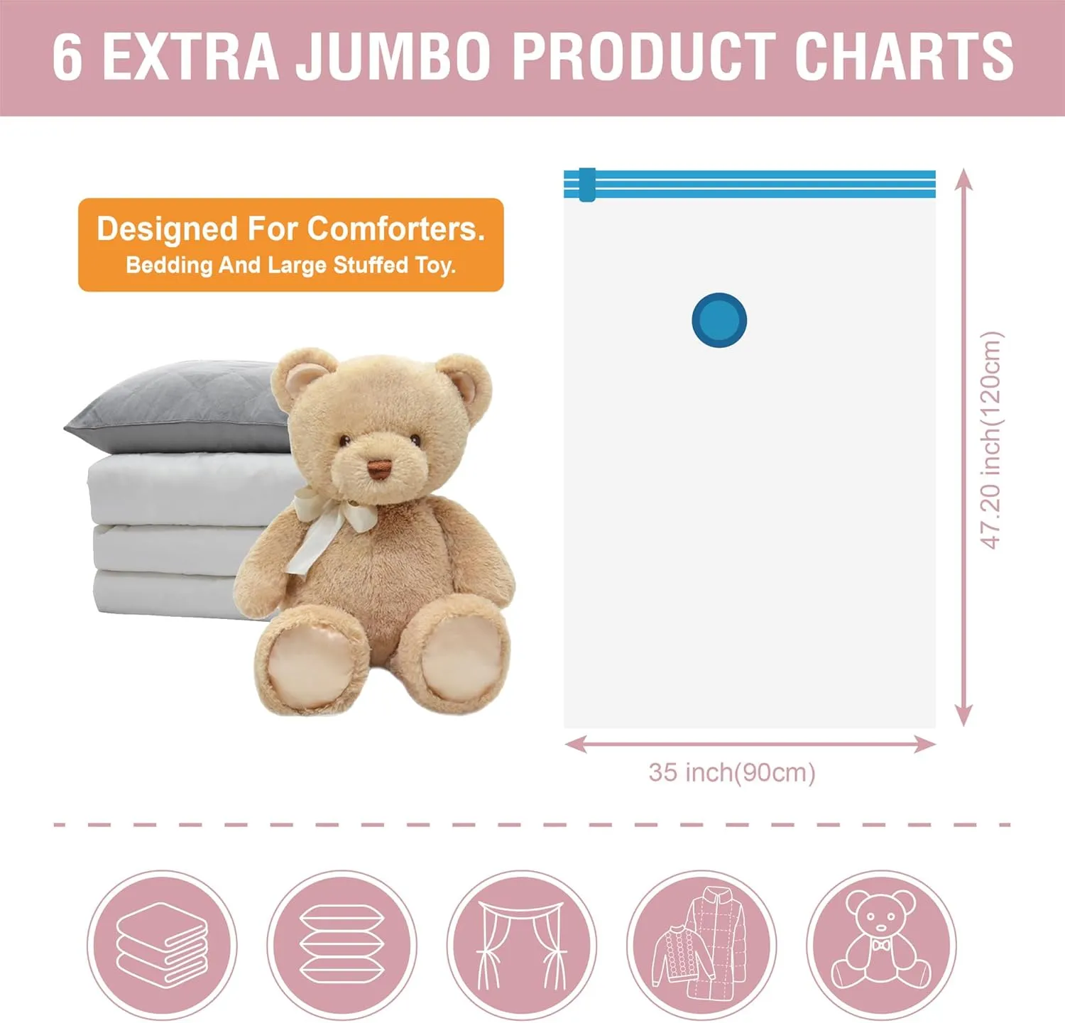 6 Pack XXL Jumbo Vacuum Storage Bags, Extra Large Vacuum Seal Bags for Comforters, Bedding, Blanket Storage, Giant Space Saver Bags for Huge Stuffed Toy (47.2x35 in)