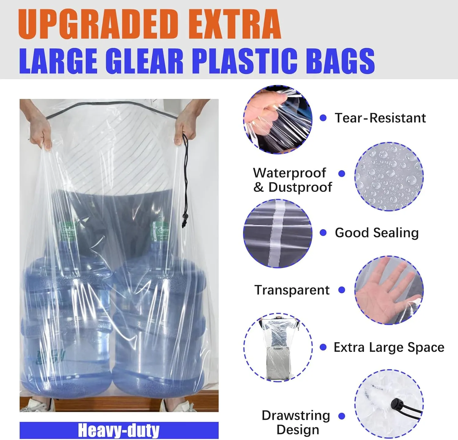 62x31 Inch Extra Large Clear Drawstring Plastic Bags 3 Pack(4 Mils), Dustproof Moistureproof Reusable Big Giant Luggage Storage Bag for Suitcase Garage Organizer, Blanket, Plush Toys