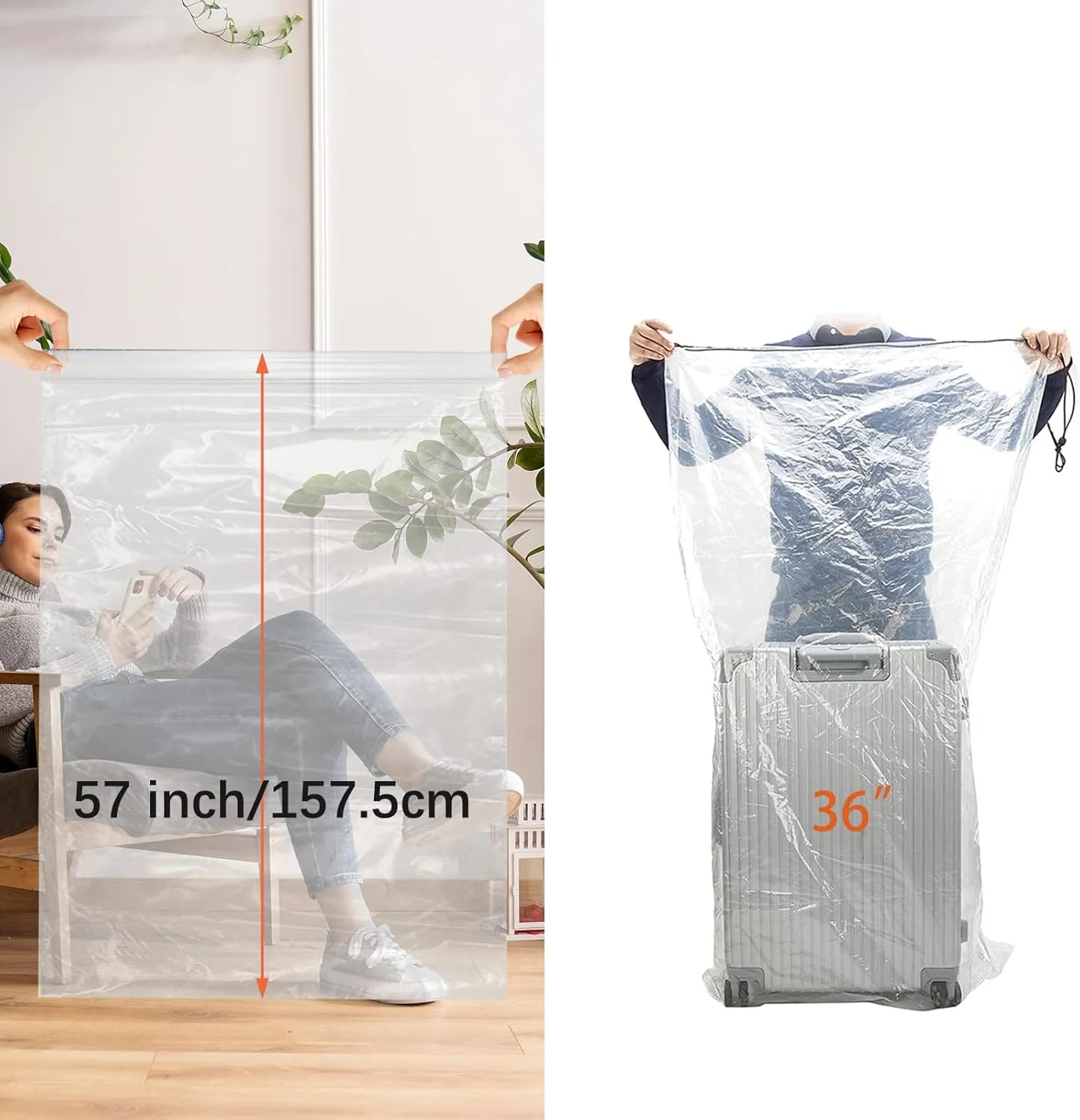 62x31 Inch Extra Large Clear Drawstring Plastic Bags 3 Pack(4 Mils), Dustproof Moistureproof Reusable Big Giant Luggage Storage Bag for Suitcase Garage Organizer, Blanket, Plush Toys