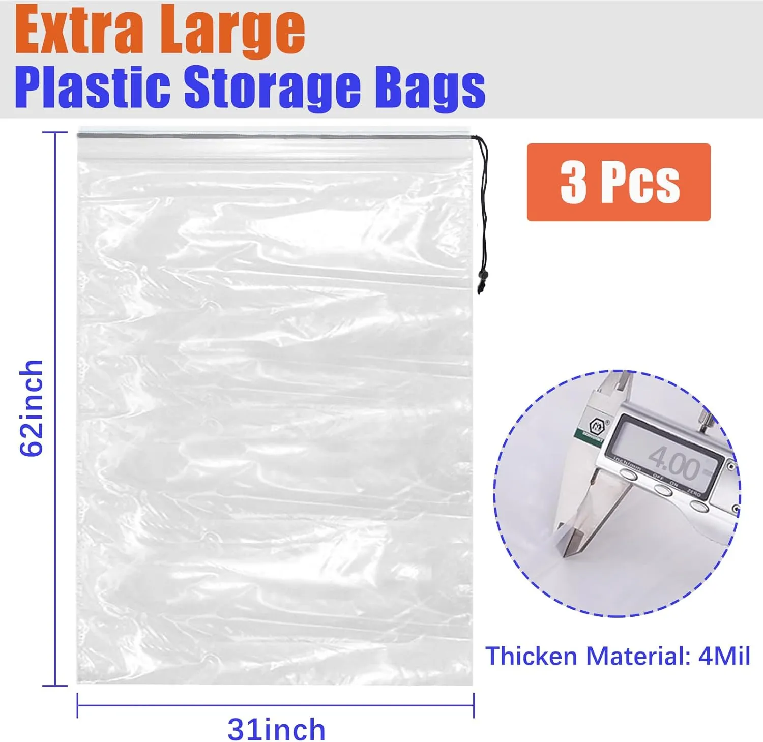62x31 Inch Extra Large Clear Drawstring Plastic Bags 3 Pack(4 Mils), Dustproof Moistureproof Reusable Big Giant Luggage Storage Bag for Suitcase Garage Organizer, Blanket, Plush Toys