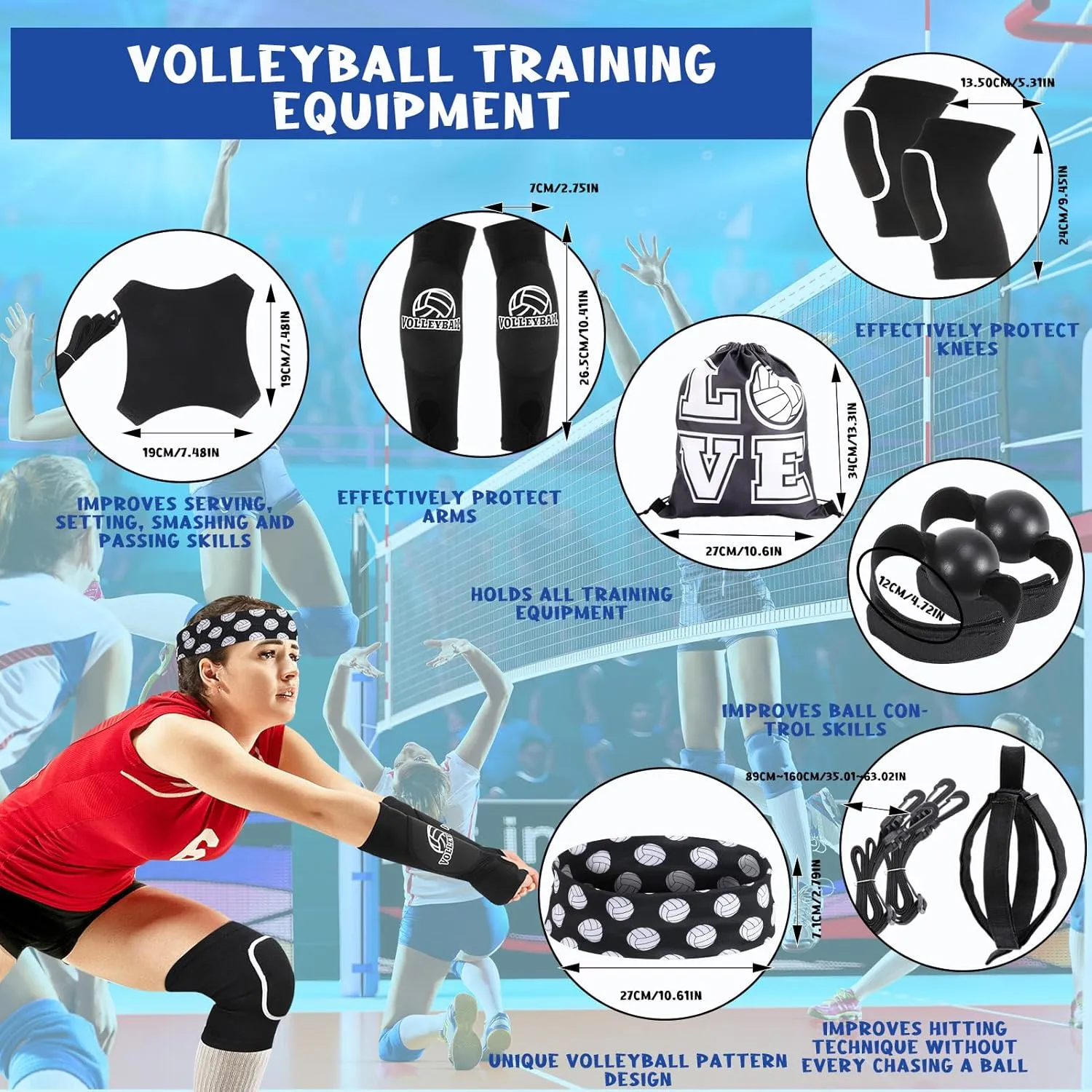 8 Pcs Volleyball Training Equipment Aid Kit, Girls Volleyball Trainer Knee Pads Elastic Belt Hand Straps Arm Sleeves Bags Spike Trainer Gear Gifts for Beginners Coaching Supplies