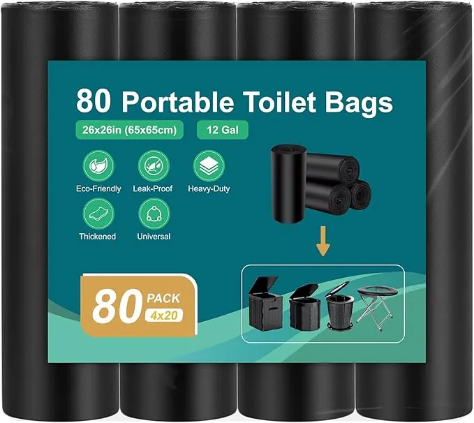 80 Portable Toilet Bags, Camp Toilet Liner for Porta Potty, Bucket Toilet, 1.2 Mil Disposable Trash Bag for Camping, Boating, Traveling, Outdoor Activities