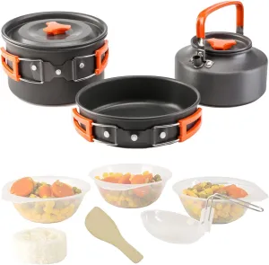9 Pcs Camping Cookware Set Outdoor Non-Stick Cooking Backpacking Pots Teapots Bowls Set Mess Kit Hiking Picnic Tableware Equipment