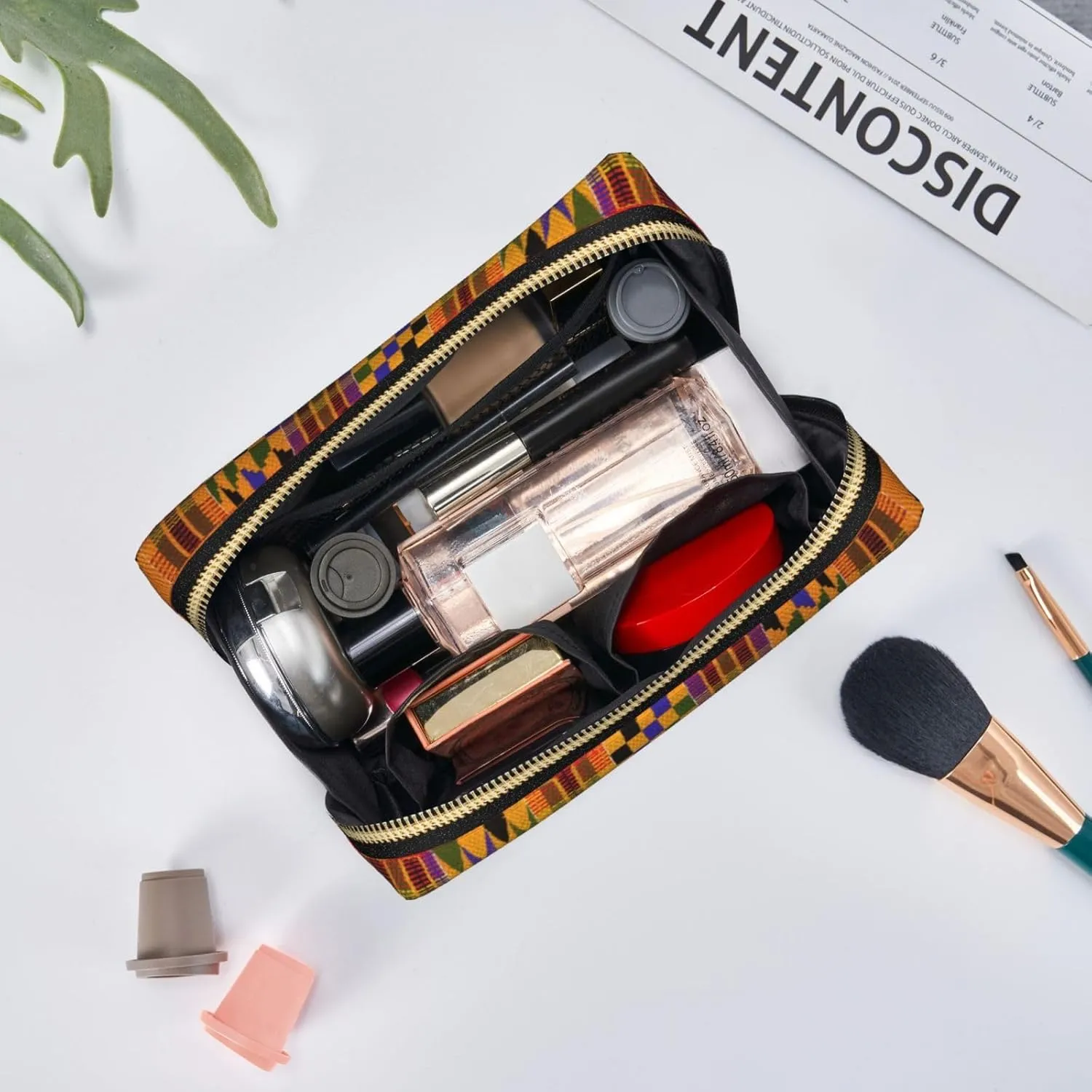 African Tribal Ethnic Texture Print Cosmetic Bags,Leather Makeup Bag Small For Purse,Cosmetic Pouch,Toiletry Clutch For Women Travel