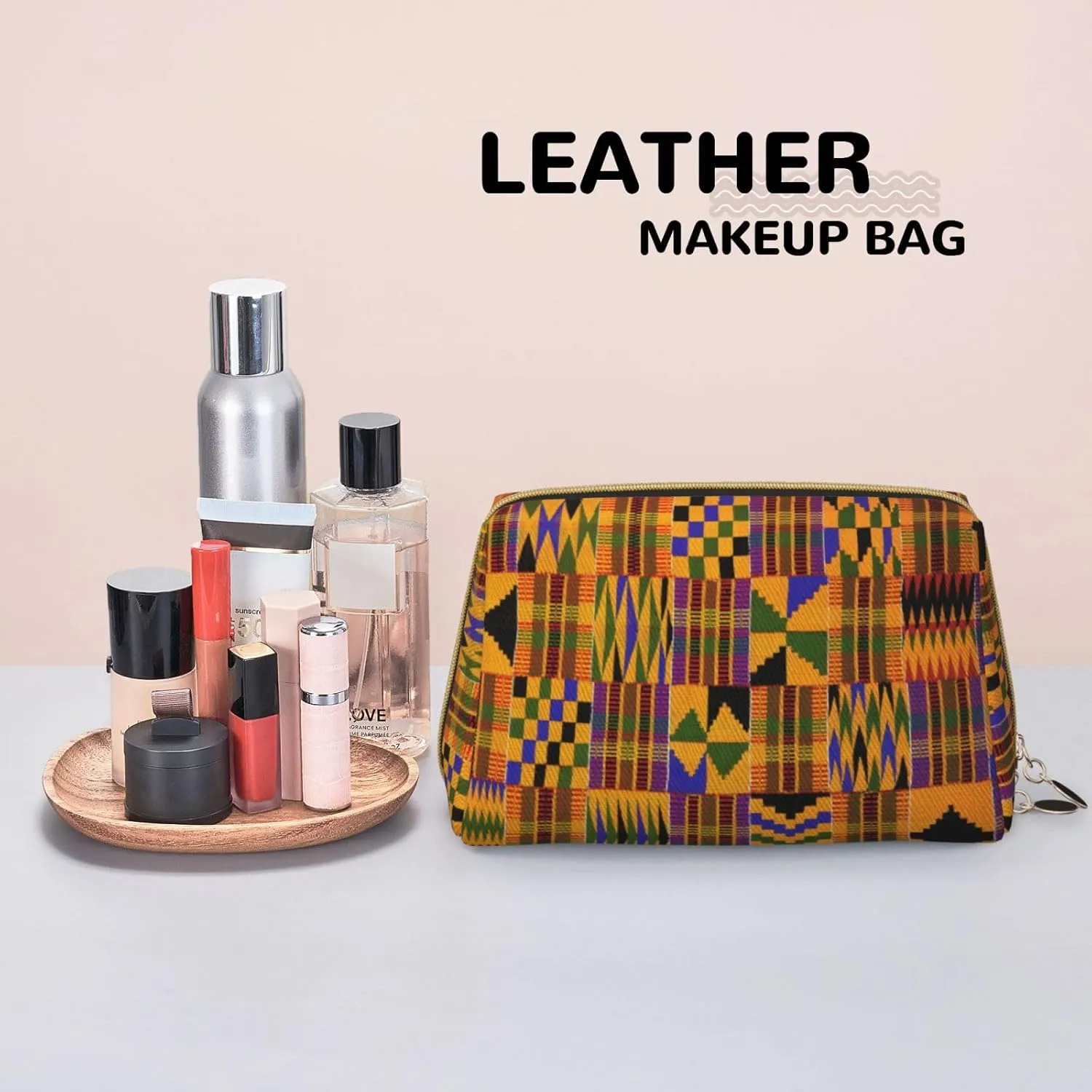 African Tribal Ethnic Texture Print Cosmetic Bags,Leather Makeup Bag Small For Purse,Cosmetic Pouch,Toiletry Clutch For Women Travel