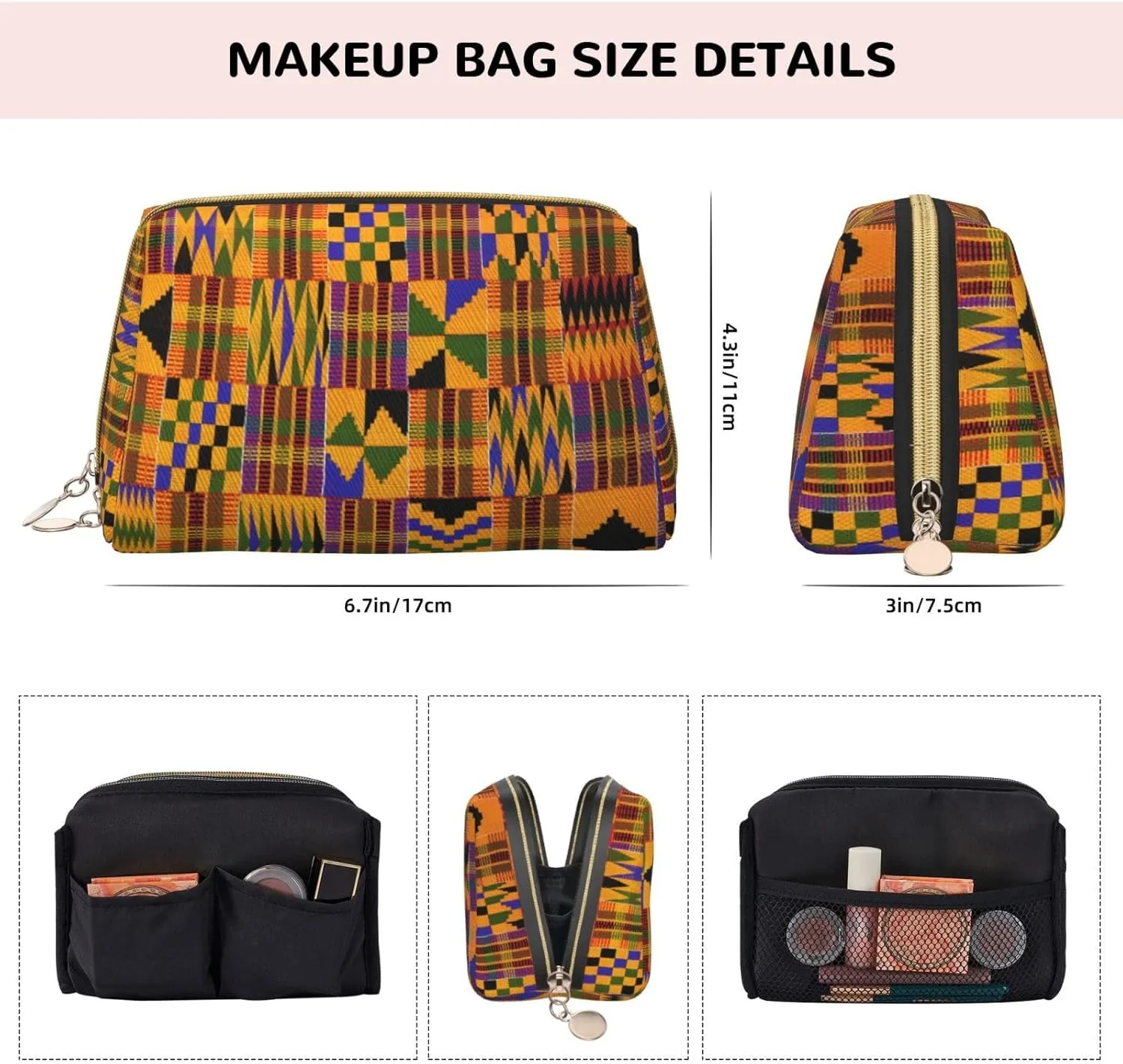 African Tribal Ethnic Texture Print Cosmetic Bags,Leather Makeup Bag Small For Purse,Cosmetic Pouch,Toiletry Clutch For Women Travel