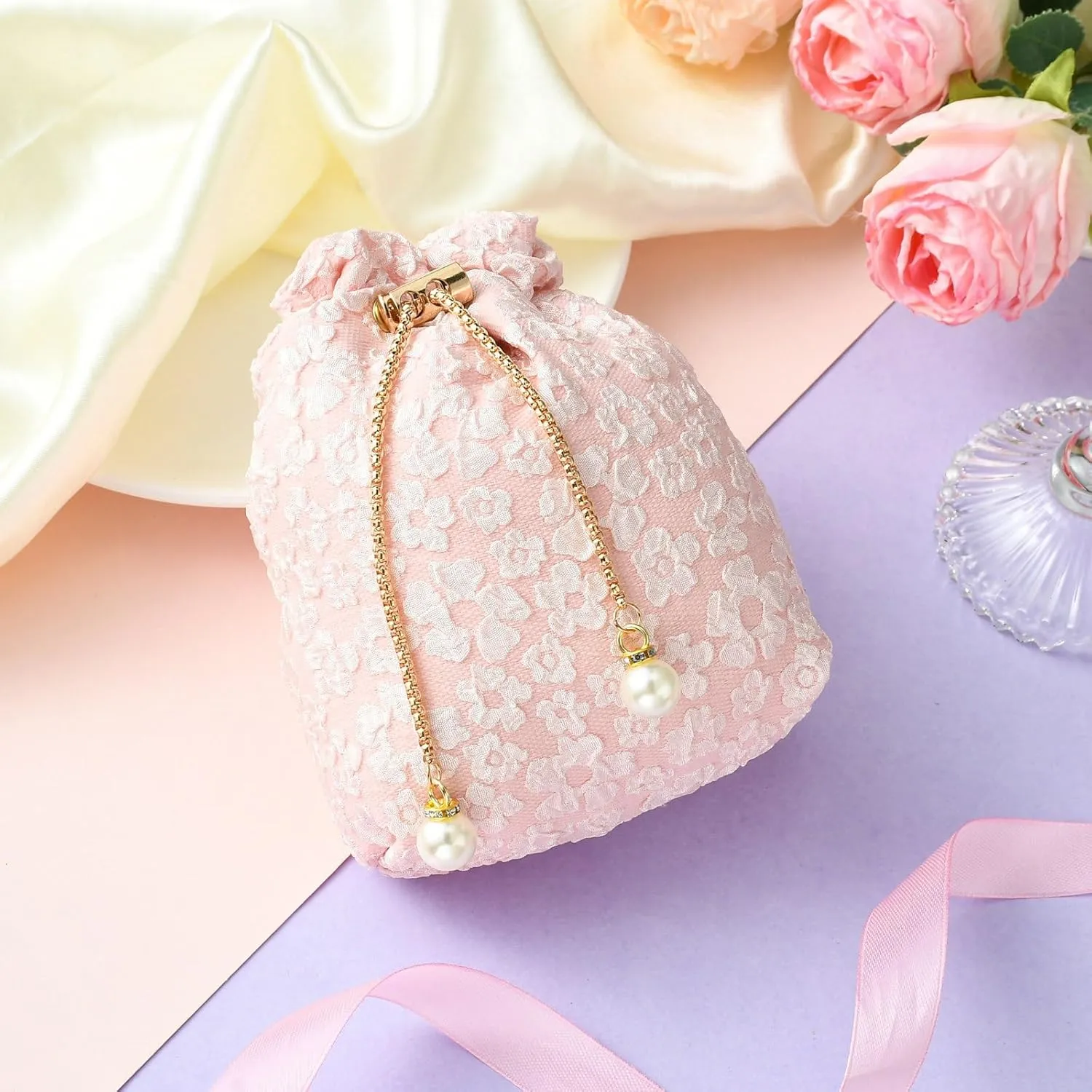 Airssory 5 pcs Pink Flower Drawstring Gifts-Bags Spring Floral Jewelry Candy Wrap Bags with Chain for Wedding Birthday Party Present Decoration 15x13cm