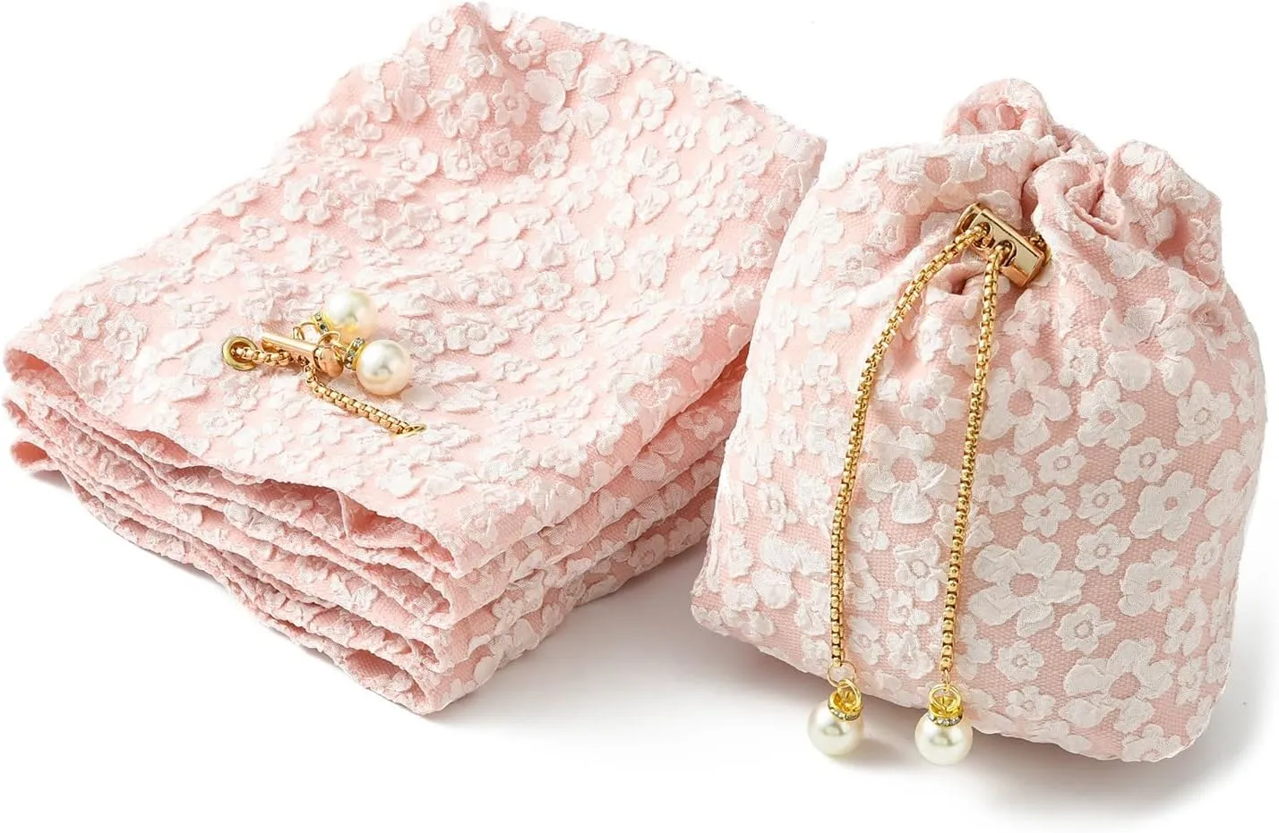 Airssory 5 pcs Pink Flower Drawstring Gifts-Bags Spring Floral Jewelry Candy Wrap Bags with Chain for Wedding Birthday Party Present Decoration 15x13cm
