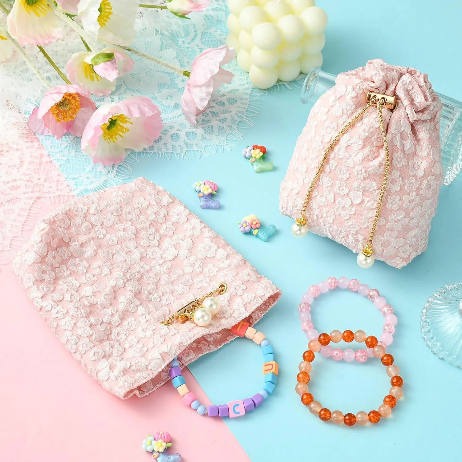 Airssory 5 pcs Pink Flower Drawstring Gifts-Bags Spring Floral Jewelry Candy Wrap Bags with Chain for Wedding Birthday Party Present Decoration 15x13cm