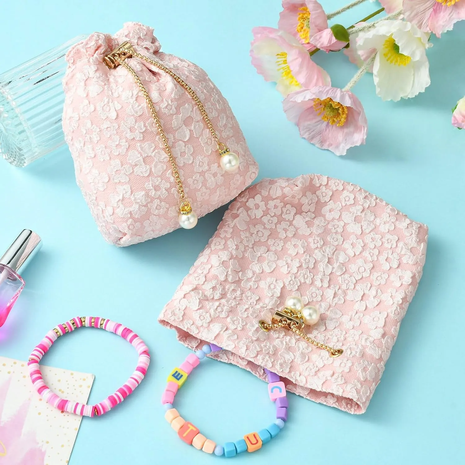 Airssory 5 pcs Pink Flower Drawstring Gifts-Bags Spring Floral Jewelry Candy Wrap Bags with Chain for Wedding Birthday Party Present Decoration 15x13cm