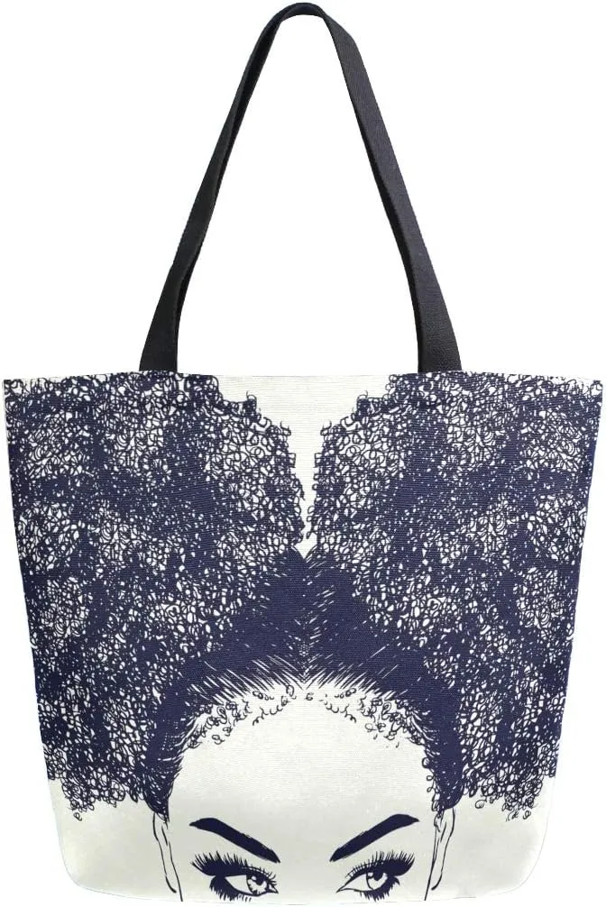ALAZA Large Canvas Tote Bag African American Woman With Curly Hair Shopping Shoulder Handbag