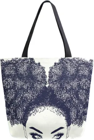 ALAZA Large Canvas Tote Bag African American Woman With Curly Hair Shopping Shoulder Handbag